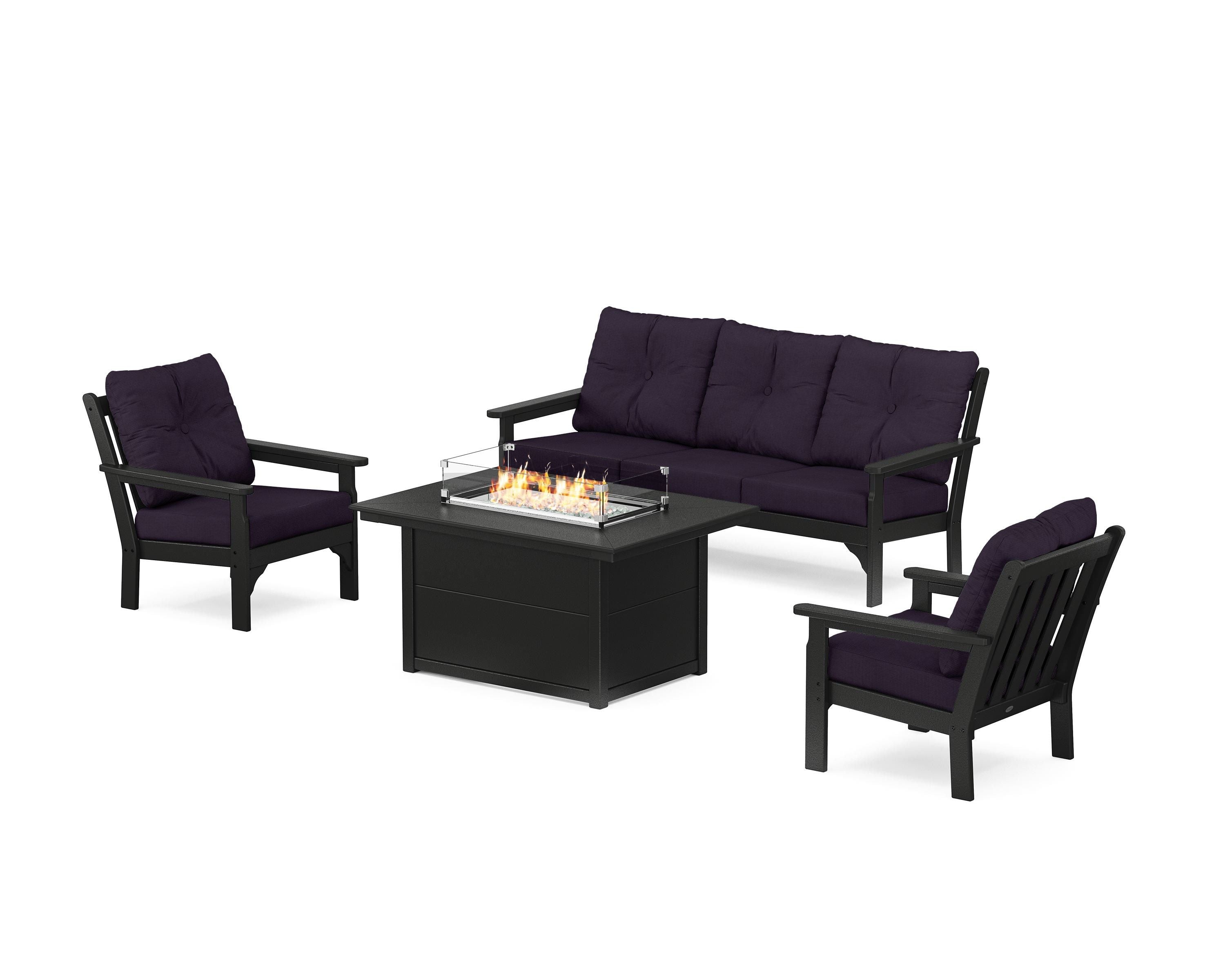 POLYWOOD Vineyard Deep Seating Fire Pit Table Set in Black / Navy Linen