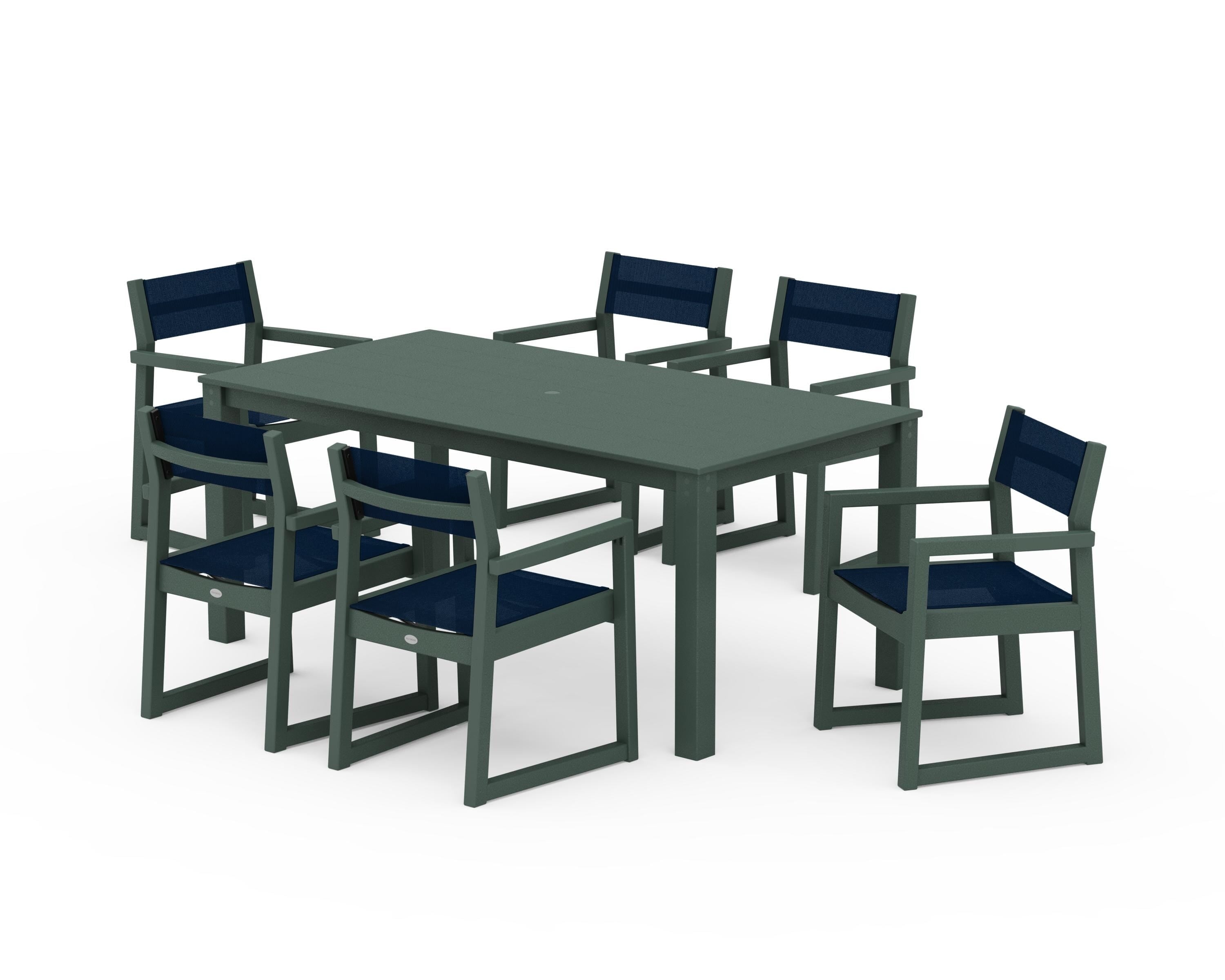 POLYWOOD EDGE Sling Arm Chair 7-Piece Parsons Dining Set in Green / Navy Blue Sling