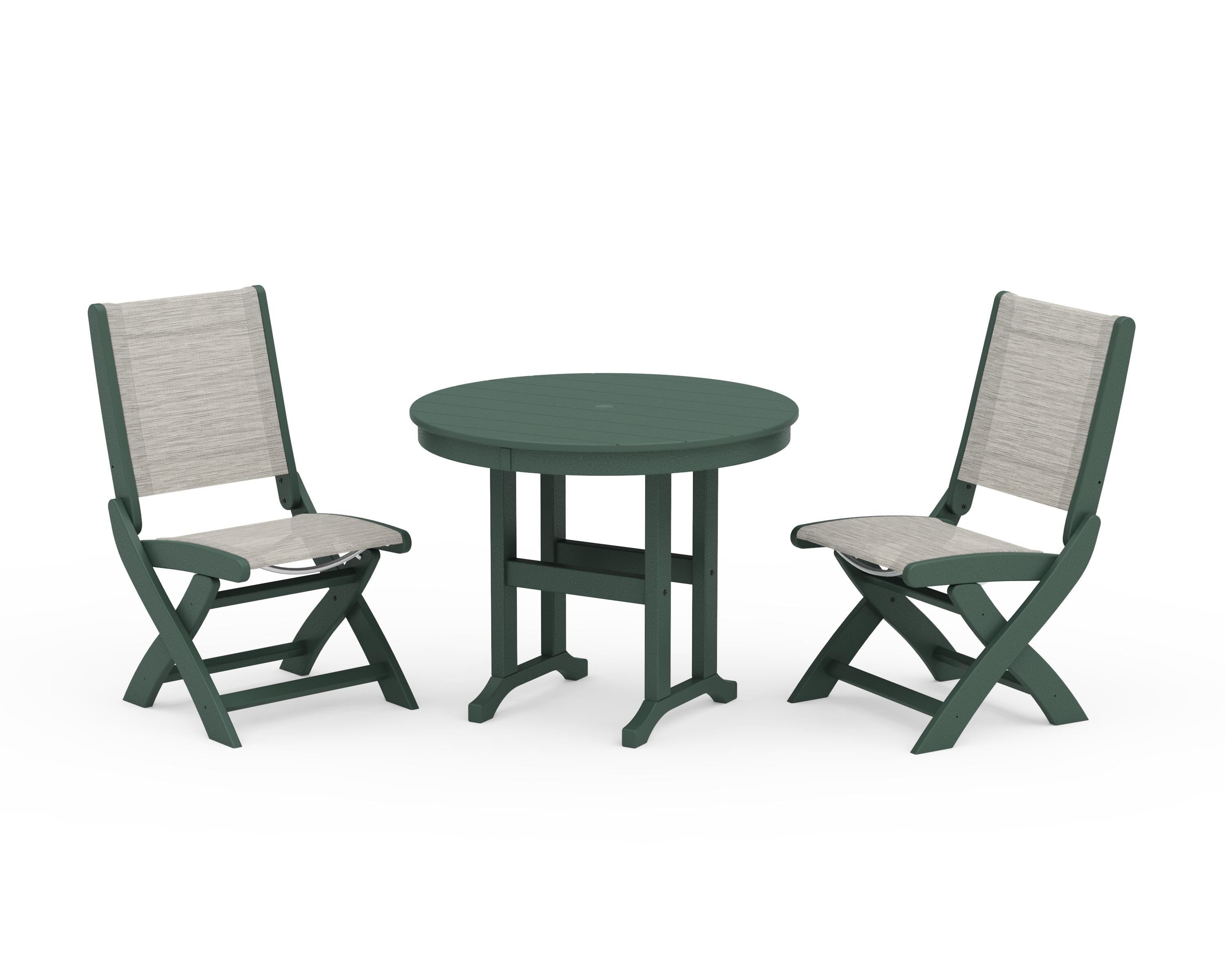 POLYWOOD Coastal Folding Side Chair 3-Piece Round Dining Set in Green / Birch Sling