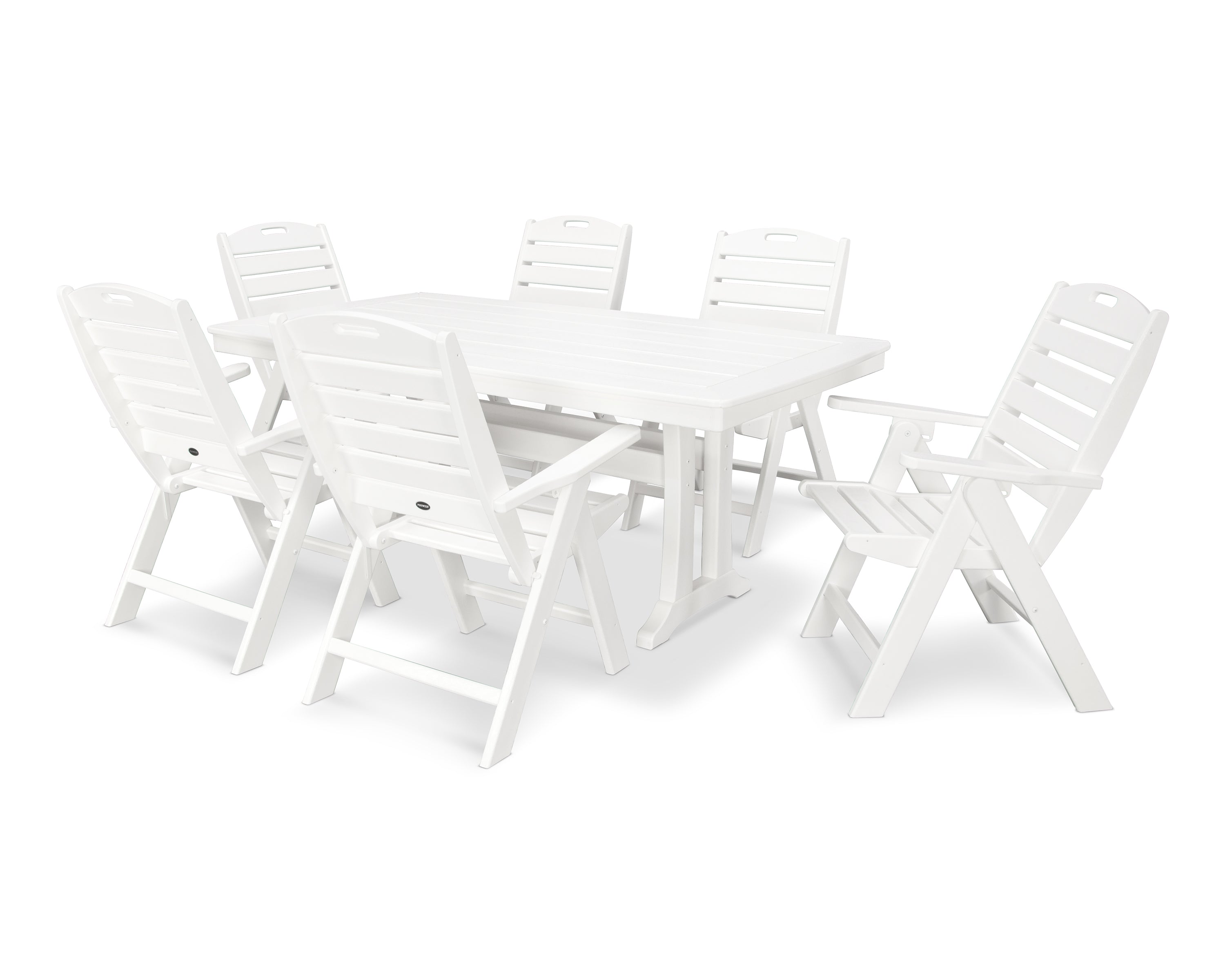 POLYWOOD Nautical Folding Highback Chair 7-Piece Dining Set with Trestle Legs in White