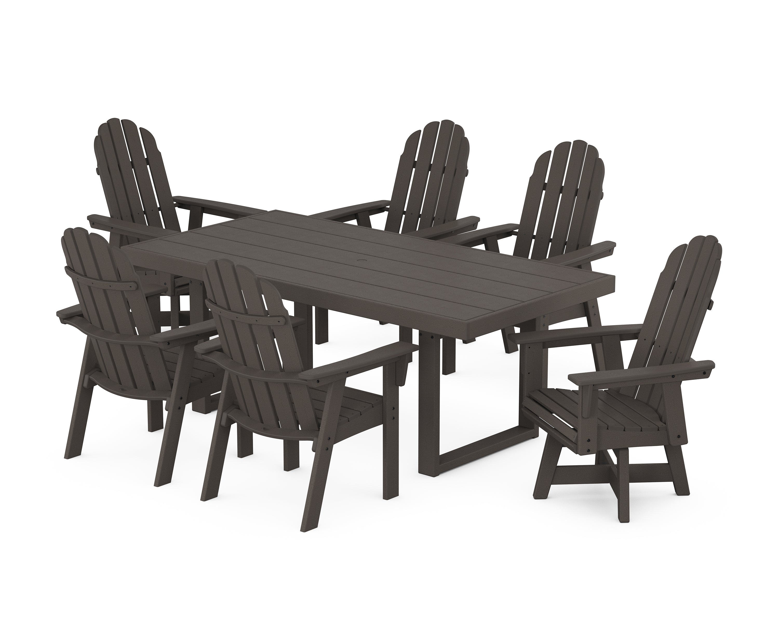 POLYWOOD® Vineyard Curveback Adirondack Swivel Chair 7-Piece Dining Set in Vintage Coffee