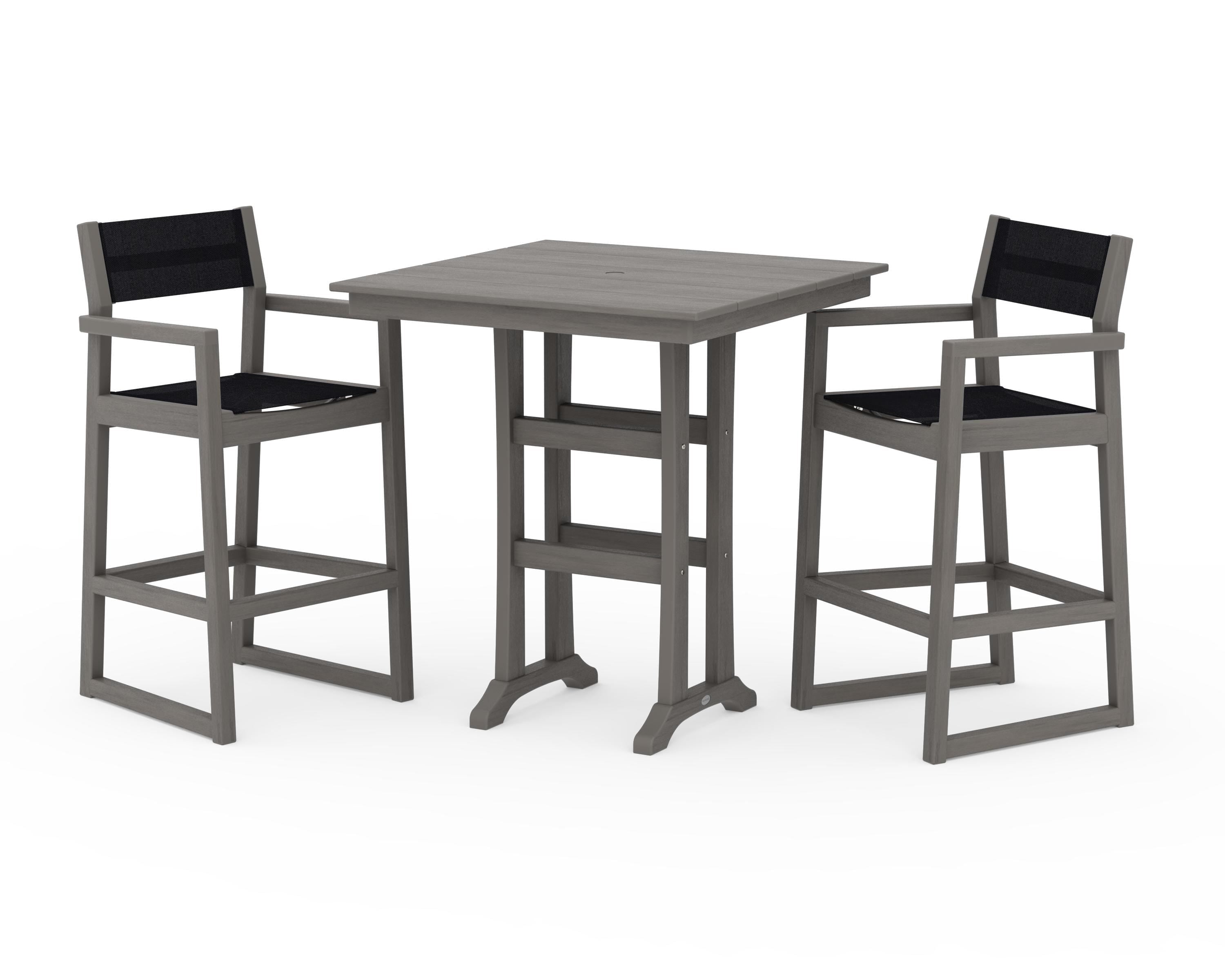 POLYWOOD EDGE Sling Arm Chair 3-Piece Farmhouse Bar Set with Trestle Legs in Driftwood / Black Sling