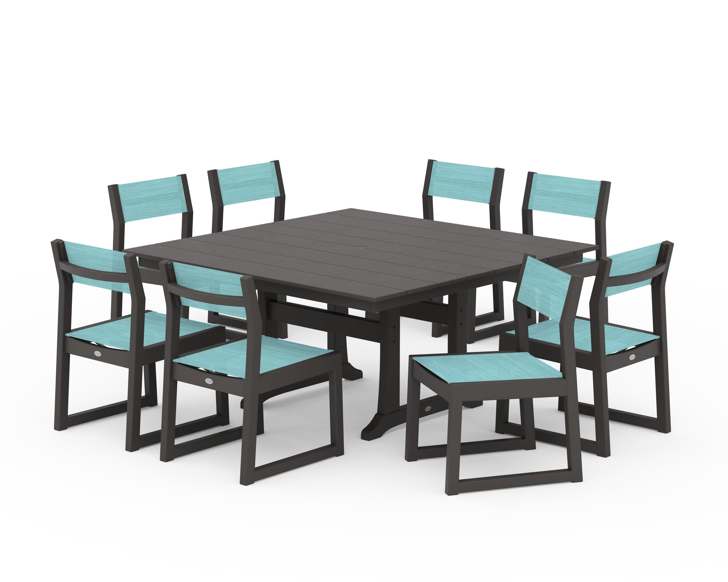 POLYWOOD EDGE Sling Side Chair 9-Piece Farmhouse Trestle Dining Set in Vintage Coffee / Dupioni Aquamarine Sling
