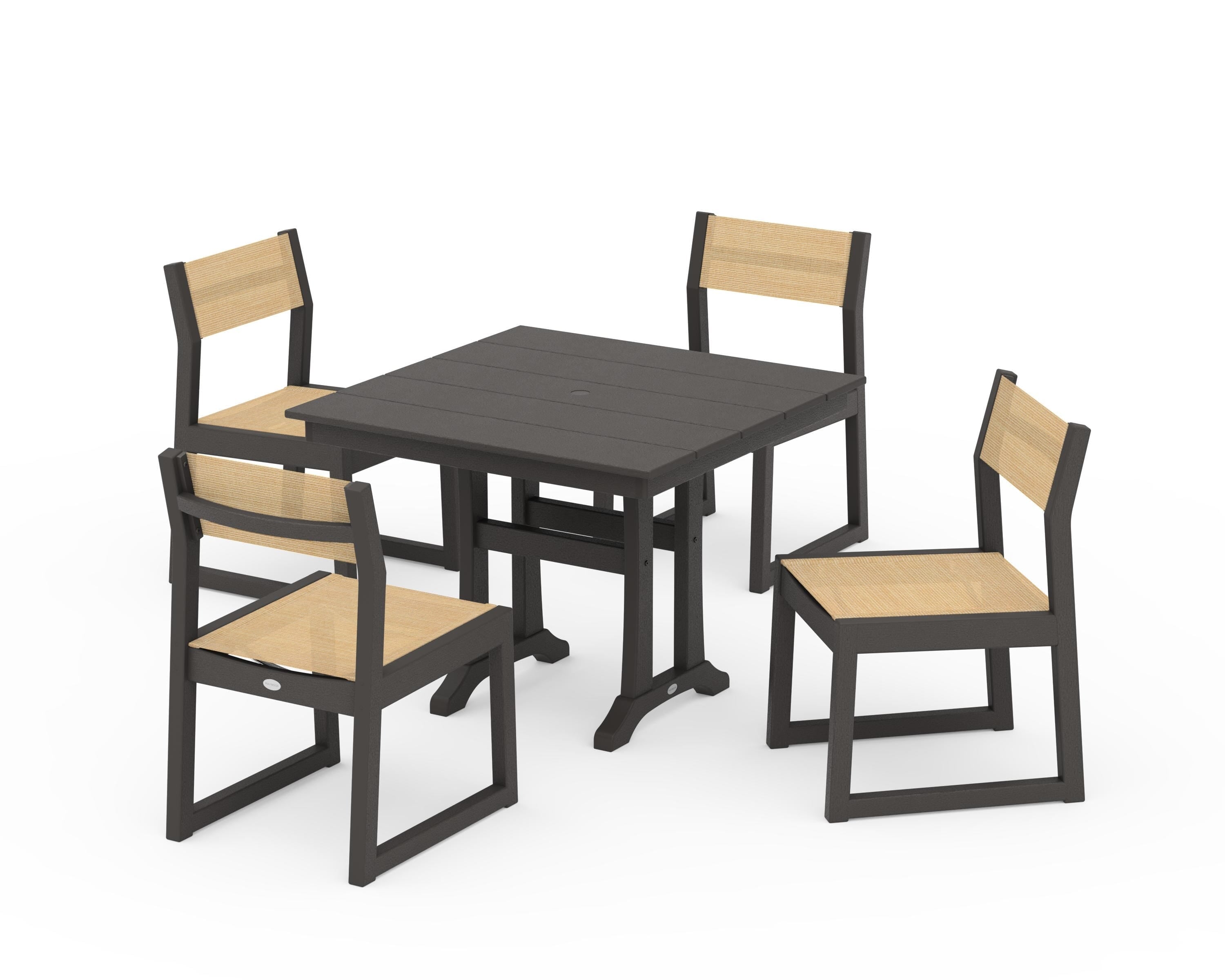 POLYWOOD EDGE Sling 5-Piece Farmhouse Trestle Side Chair Dining Set in Vintage Coffee / Dupioni Apricot Sling