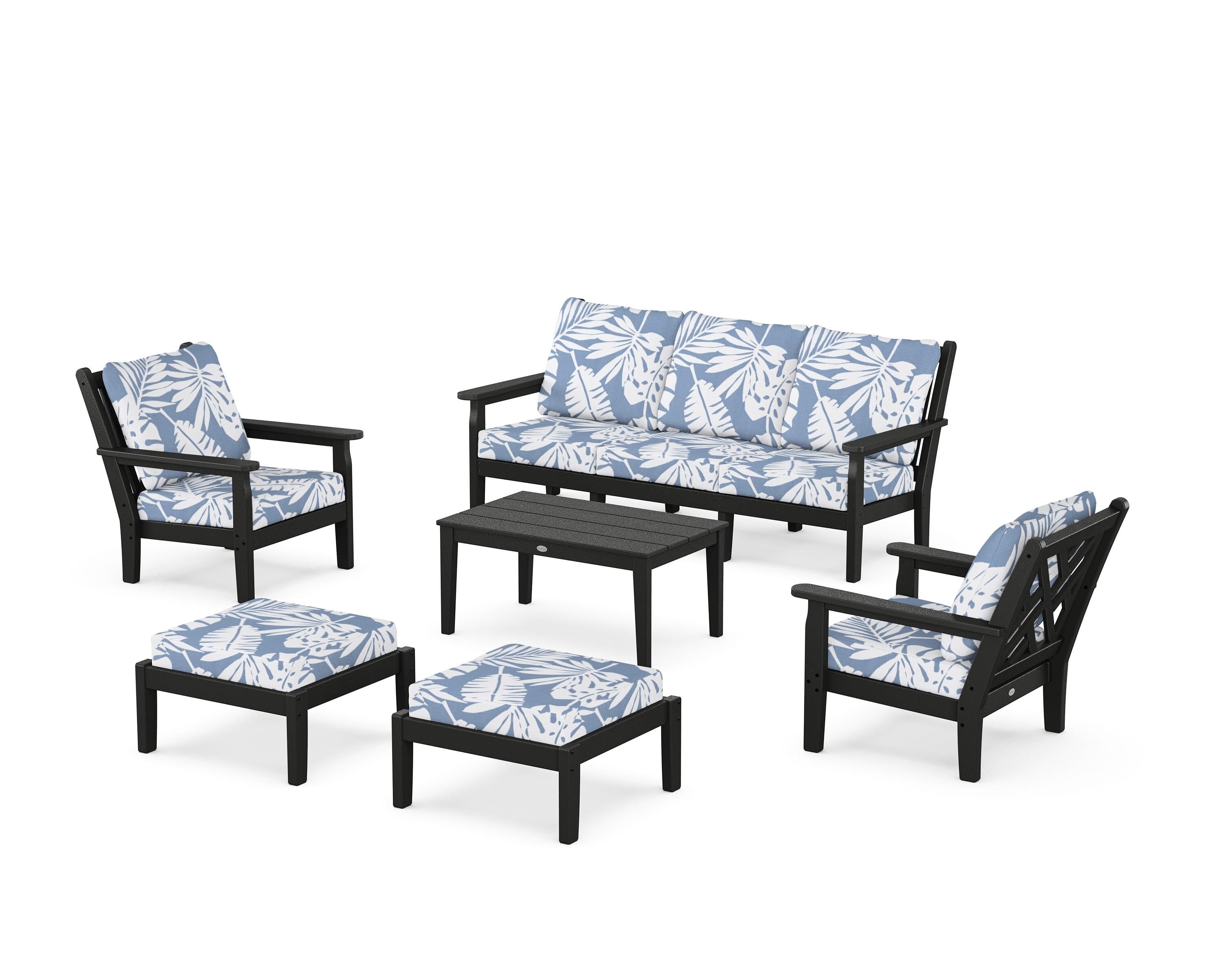 POLYWOOD Chippendale 6-Piece Lounge Sofa Set in Black / Leaf Sky Blue