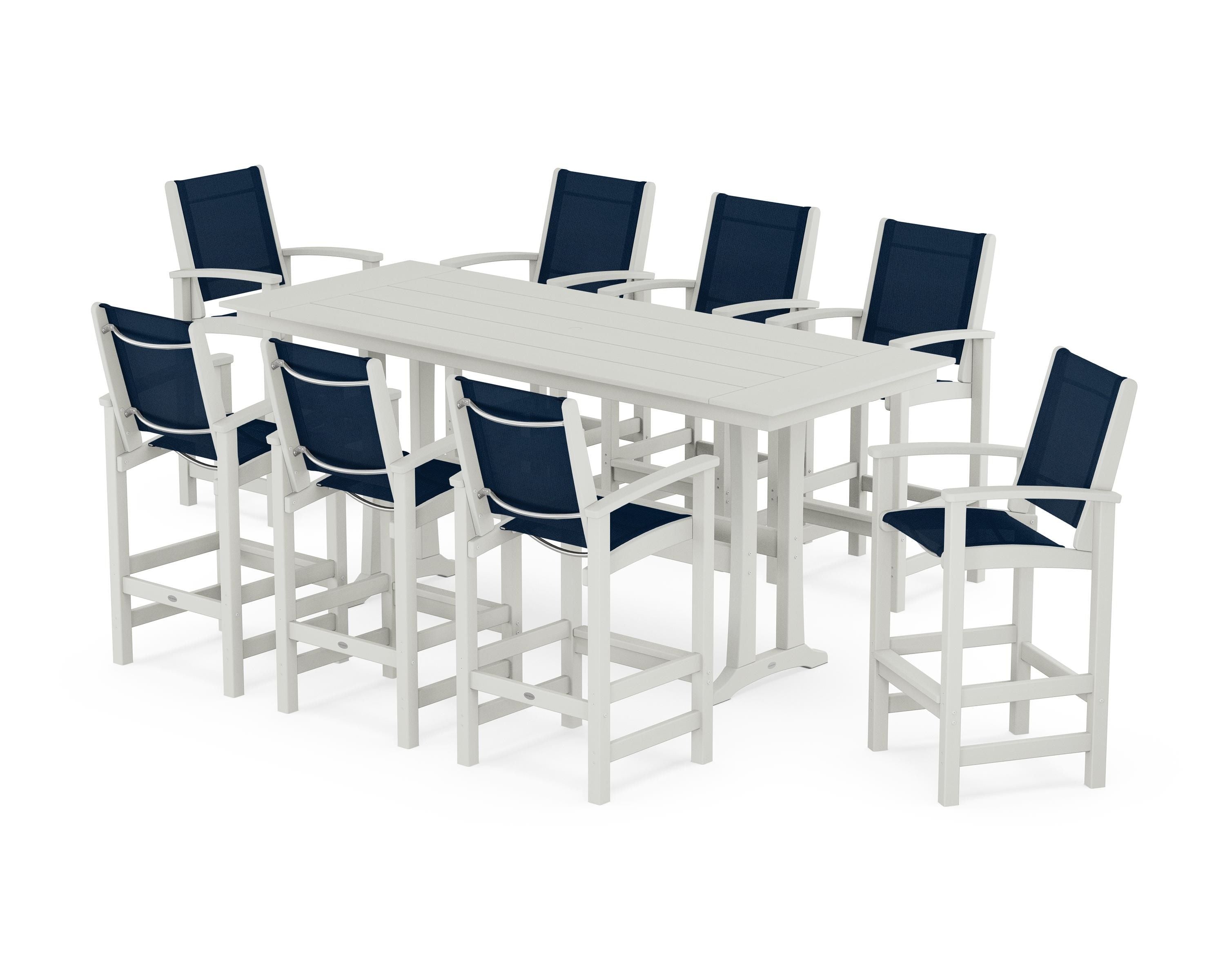 POLYWOOD Coastal 9-Piece Farmhouse Bar Set with Trestle Legs in Vintage White / Navy Blue Sling