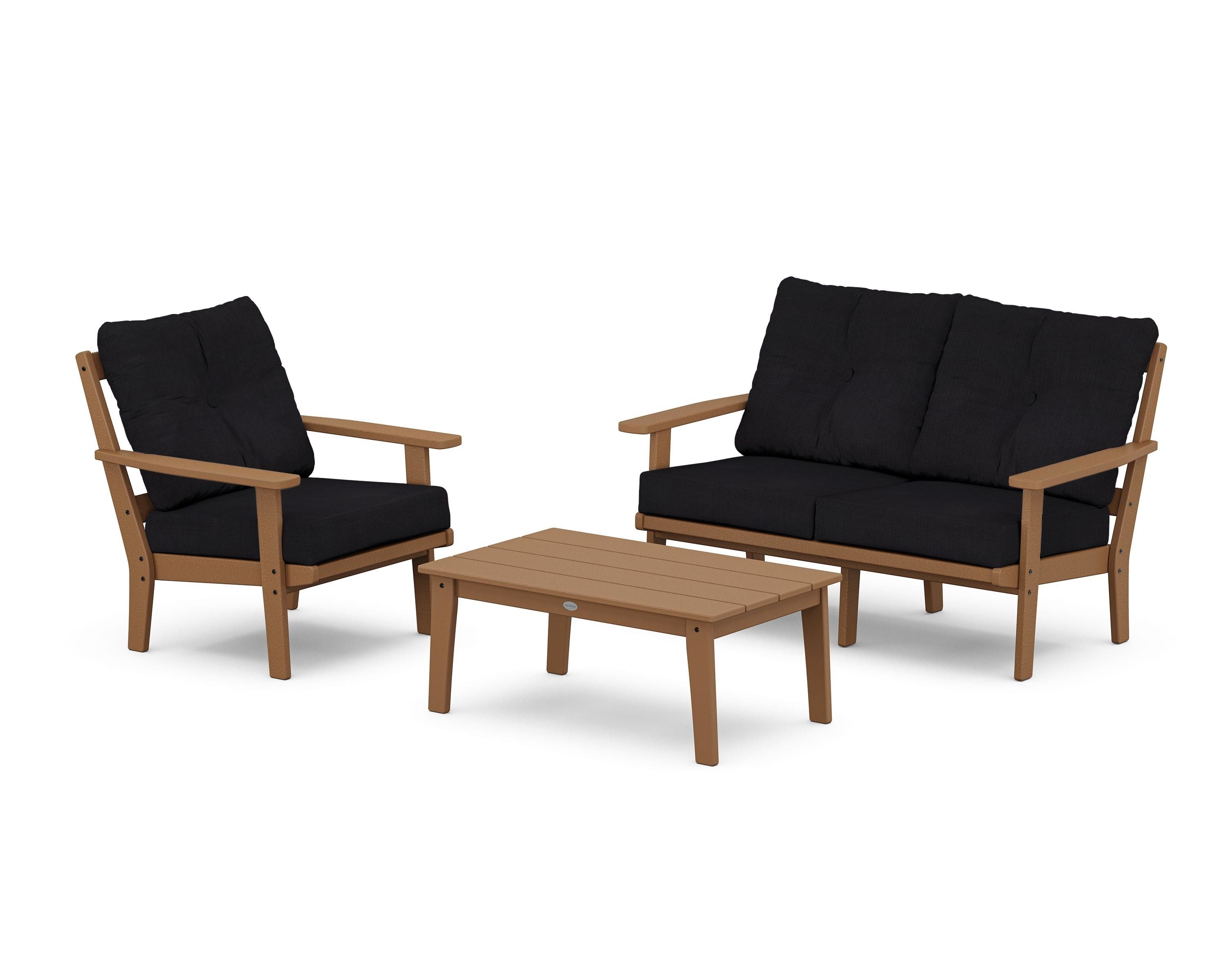 POLYWOOD Oxford 3-Piece Deep Seating Set with Loveseat in Teak / Midnight Linen