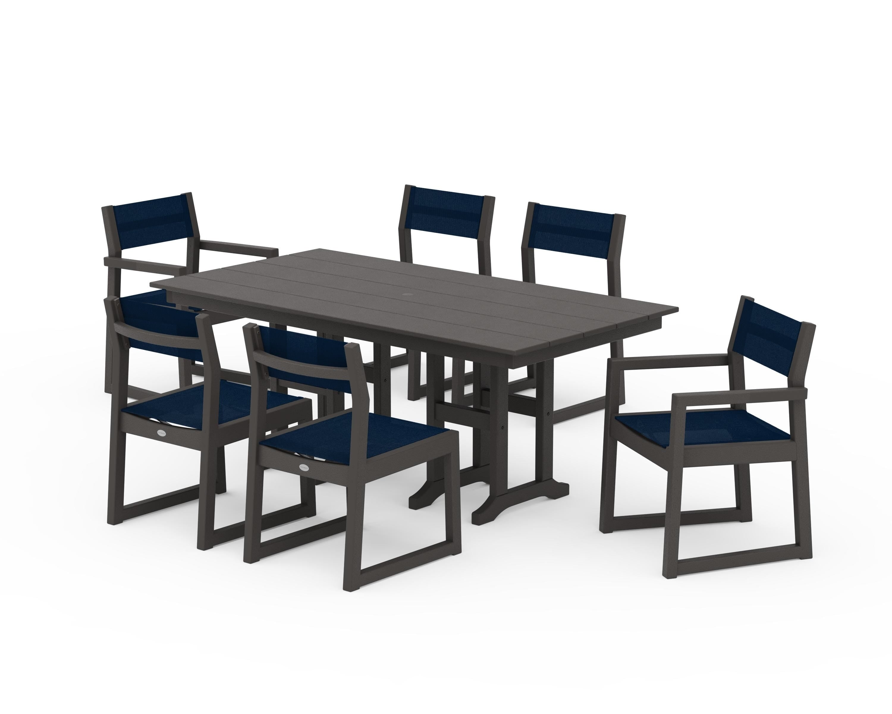 POLYWOOD EDGE Sling 7-Piece Farmhouse Dining Set in Vintage Coffee / Navy Blue Sling