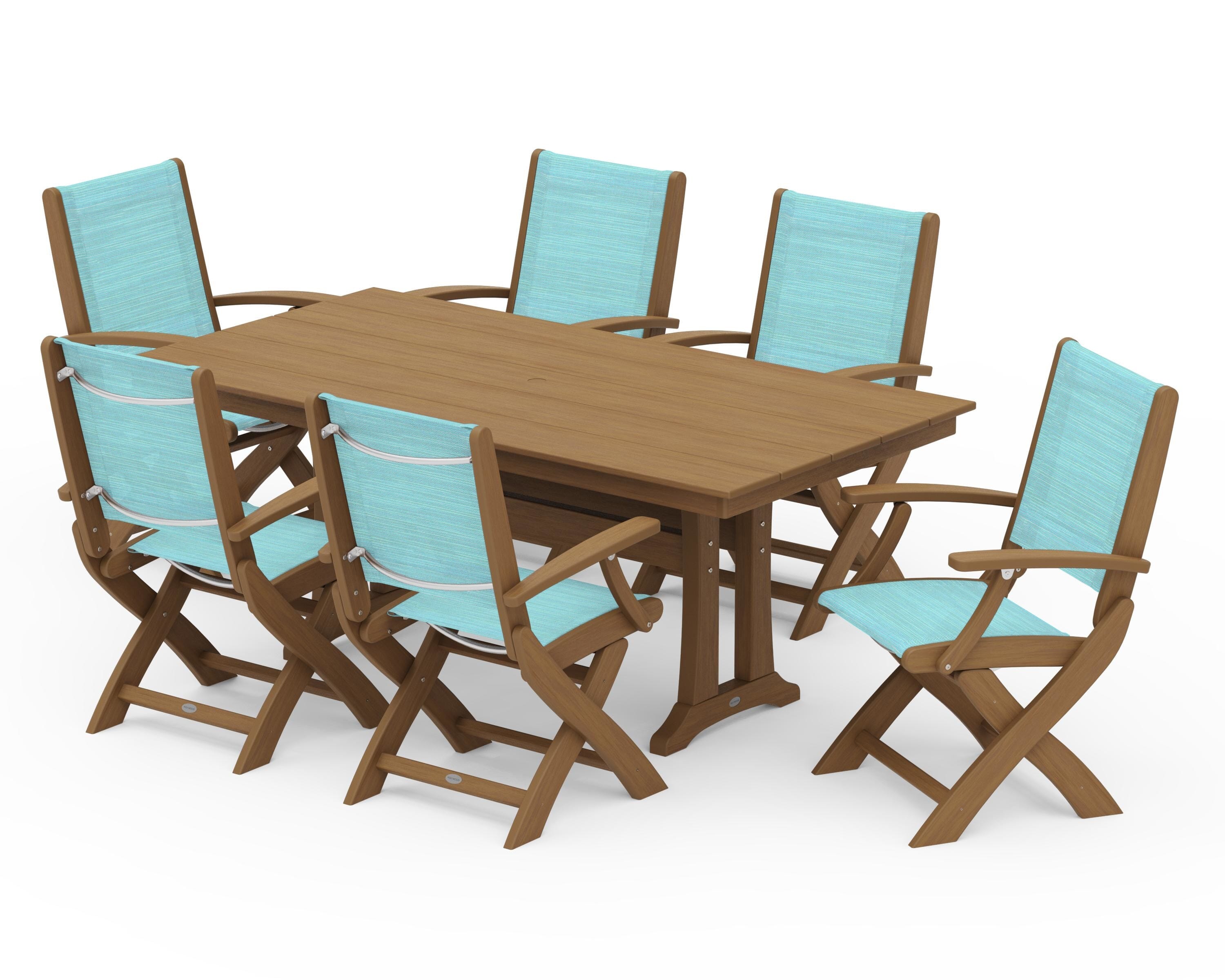 POLYWOOD Coastal Folding Arm Chair 7-Piece Farmhouse Dining Set with Trestle Legs in Natural / Dupioni Aquamarine Sling