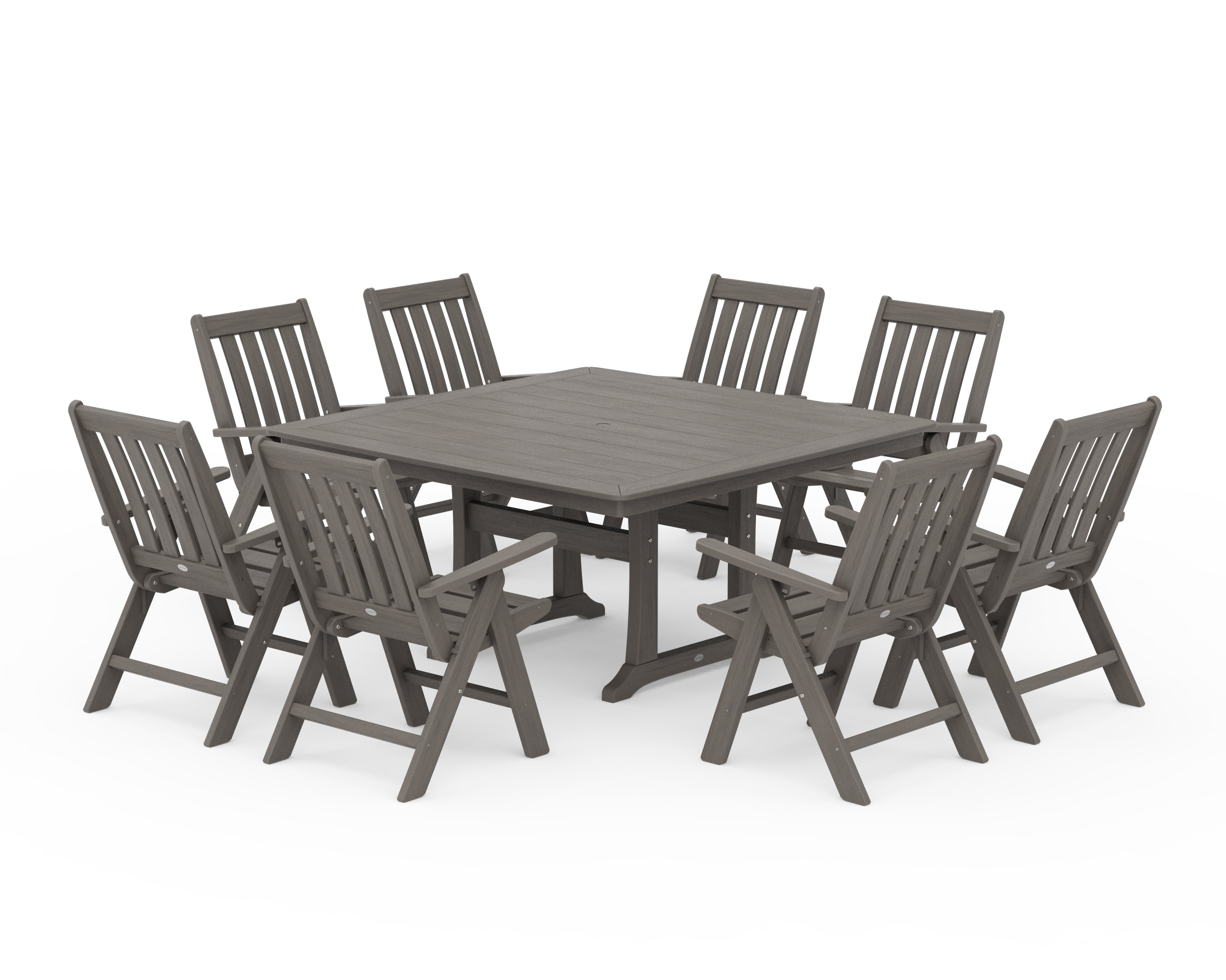 POLYWOOD Vineyard Folding Chair 9-Piece Square Dining Set with Trestle Legs in Driftwood