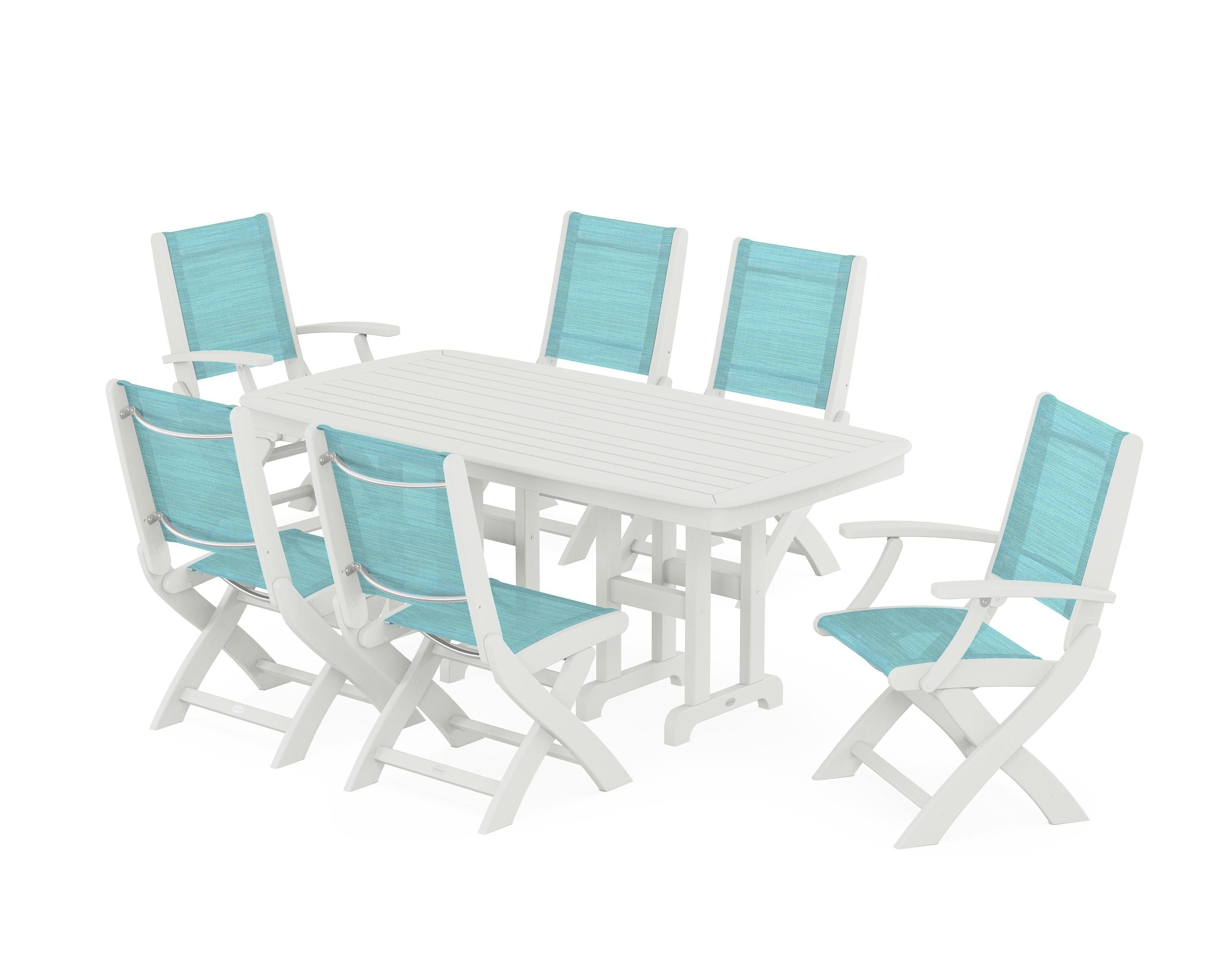 POLYWOOD Coastal Folding Chair 7-Piece Dining Set in Vintage White / Dupioni Aquamarine Sling