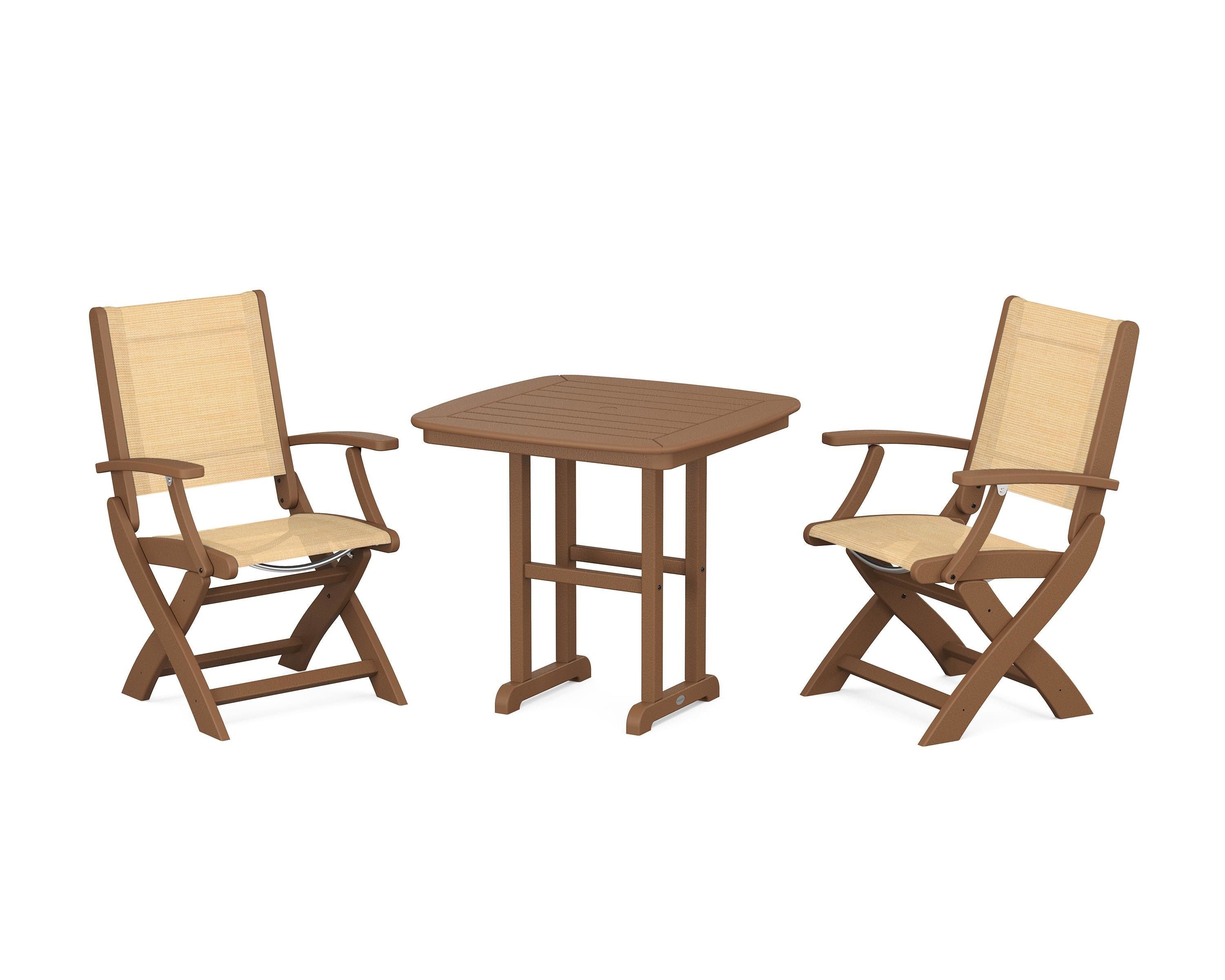 POLYWOOD Coastal Folding Chair 3-Piece Dining Set in Teak / Dupioni Apricot Sling