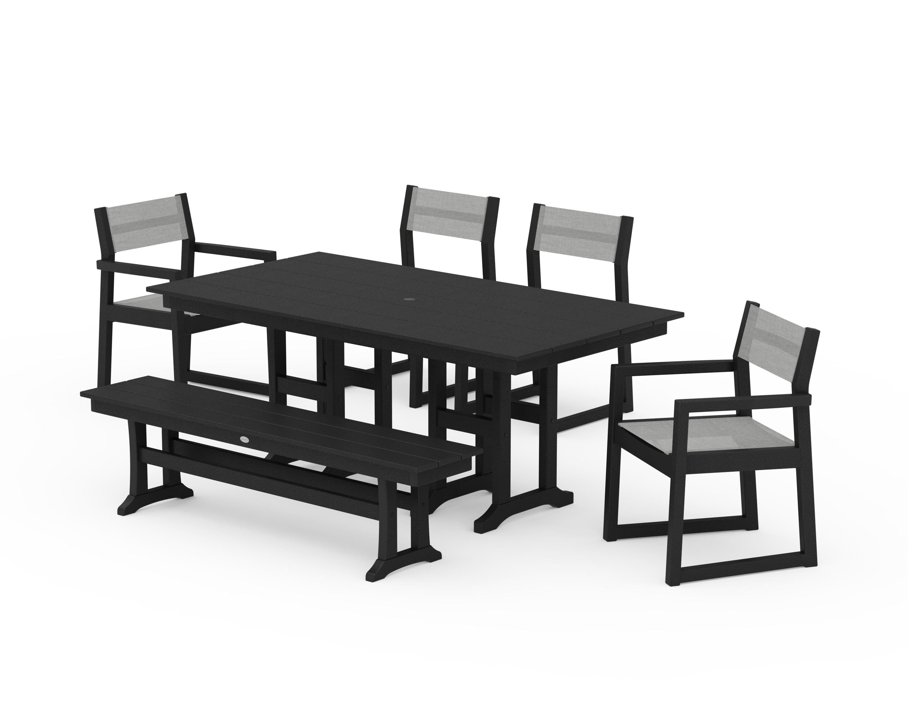 POLYWOOD EDGE Sling 6-Piece Farmhouse Dining Set in Black / Metallic Sling