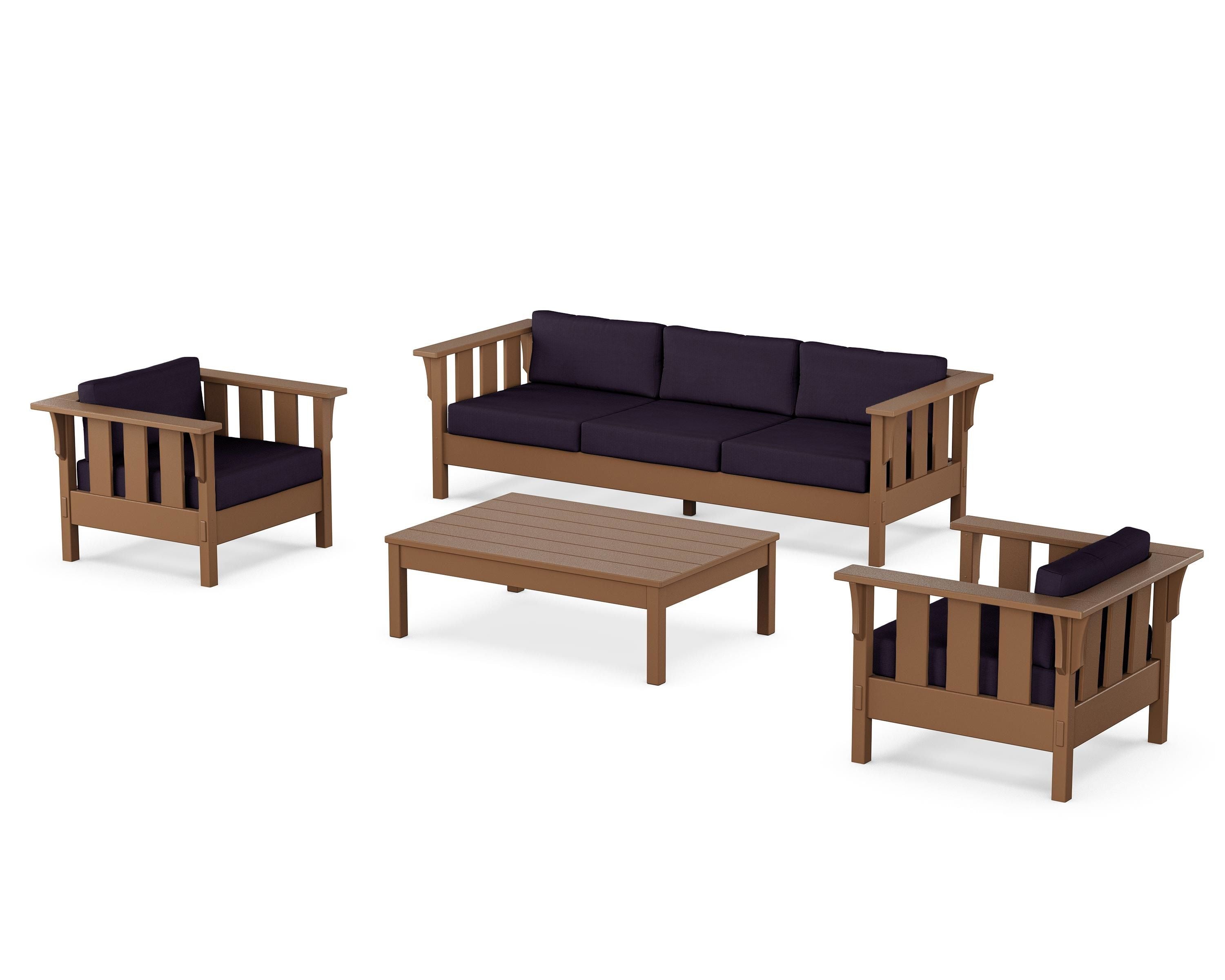 Martha Stewart by POLYWOOD Acadia 4-Piece Deep Seating Set with Sofa in Teak / Navy Linen