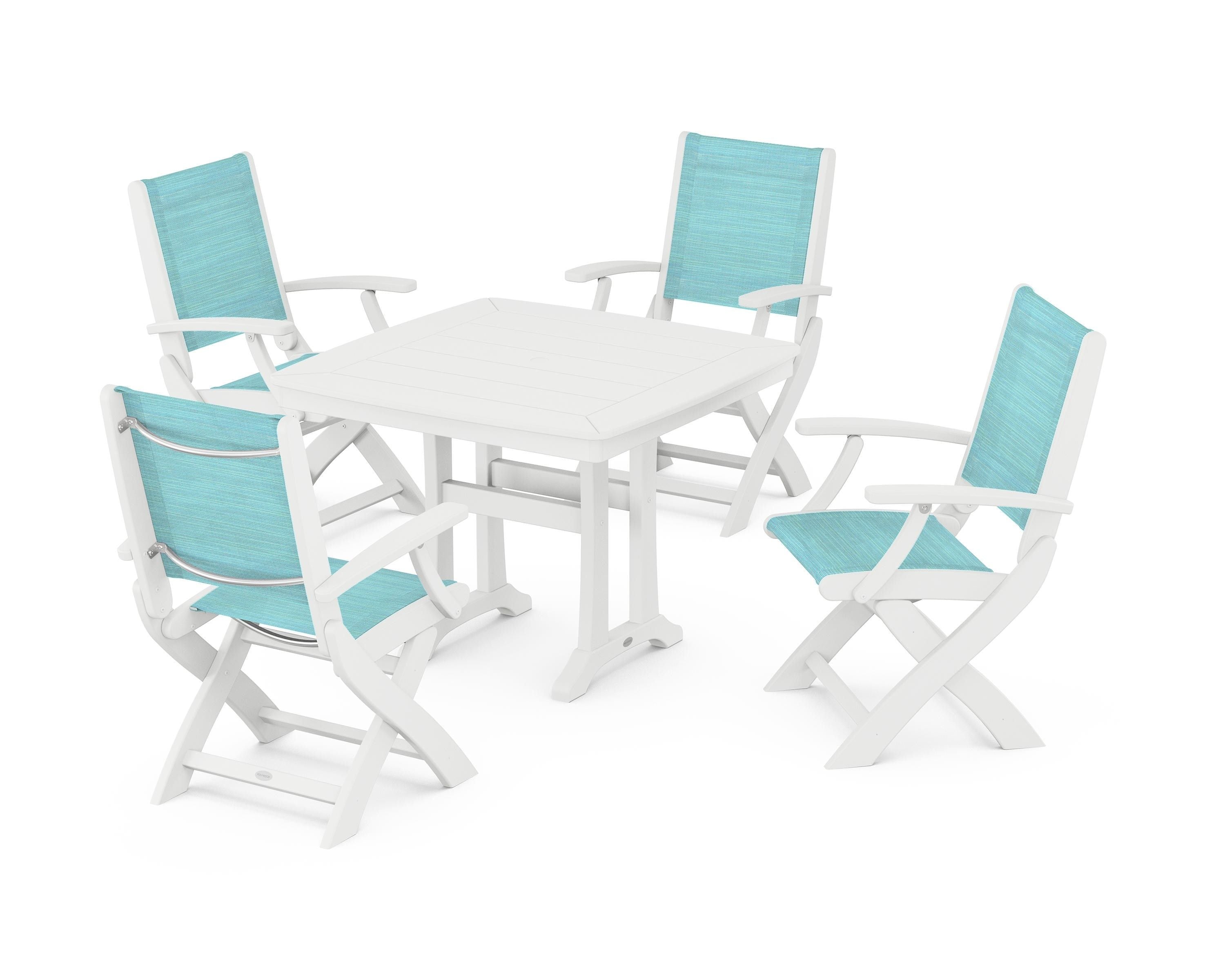 POLYWOOD Coastal Folding Chair 5-Piece Dining Set with Trestle Legs in White / Dupioni Aquamarine Sling