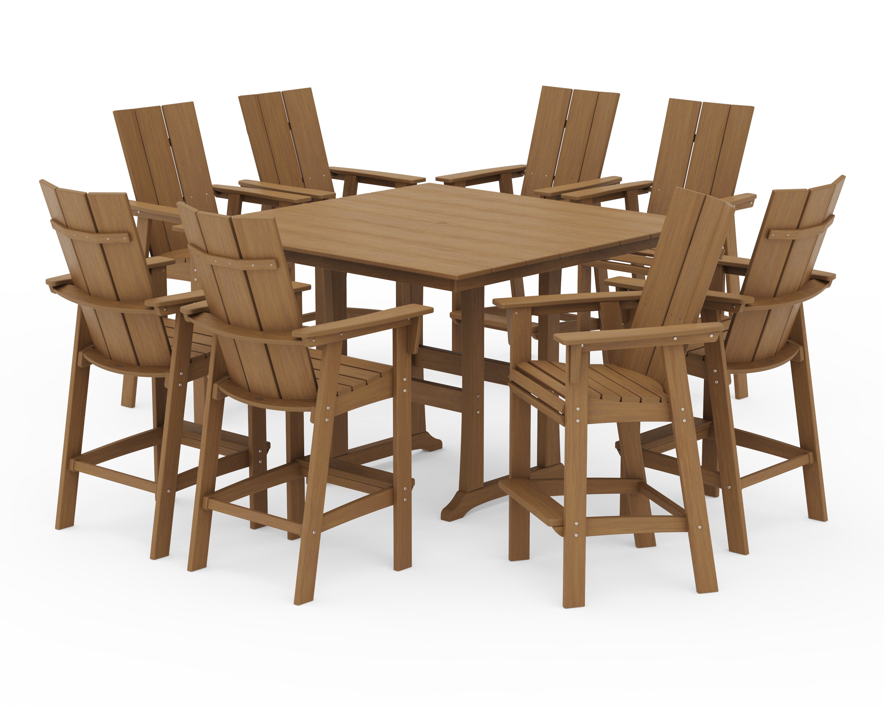POLYWOOD Modern Curveback Adirondack 9-Piece Farmhouse Trestle Bar Set in Natural