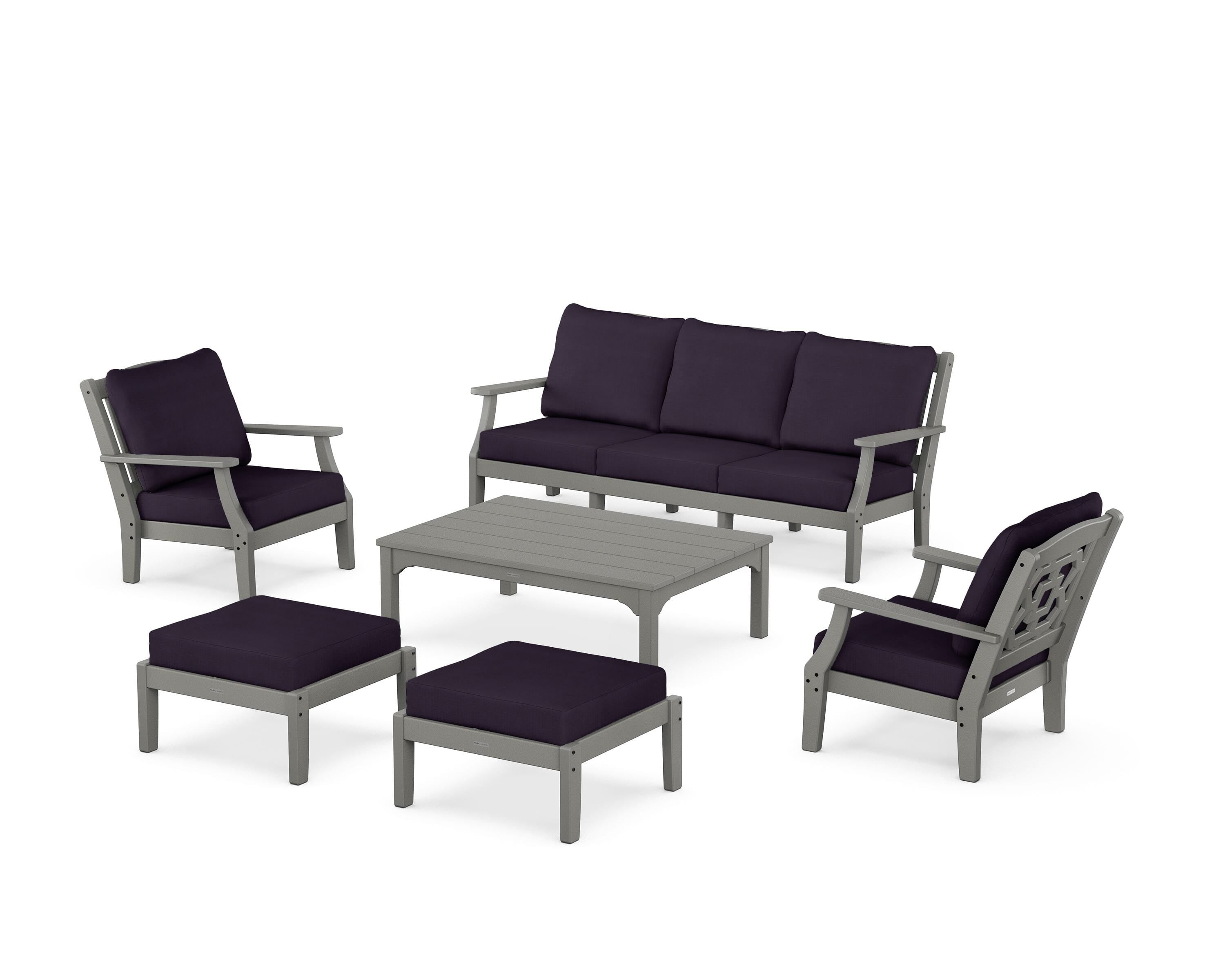 Martha Stewart by POLYWOOD Chinoiserie 6-Piece Lounge Sofa Set in Slate Grey / Navy Linen