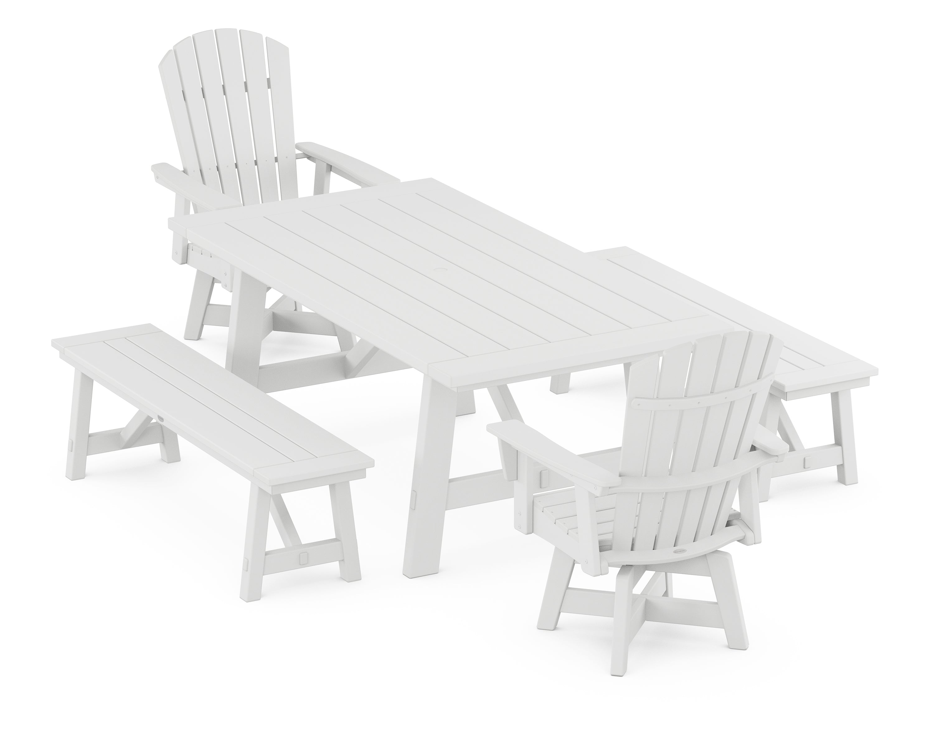 POLYWOOD® Nautical Curveback Adirondack Swivel Chair 5-Piece Rustic Farmhouse Dining Set With Benches in White