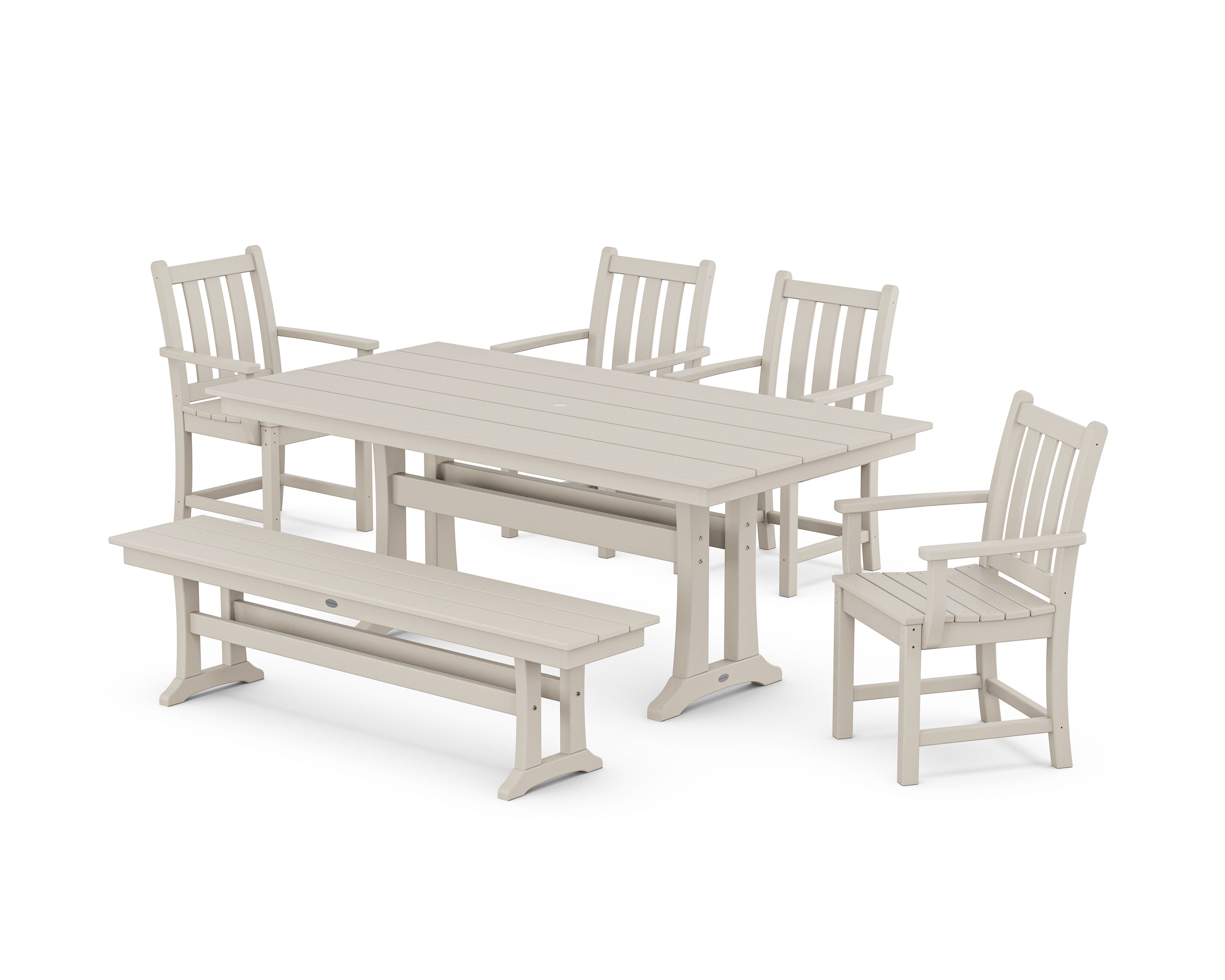 POLYWOOD® Traditional Garden Arm Chair 6-Piece Farmhouse Dining Set with Trestle Legs and Bench in Sand