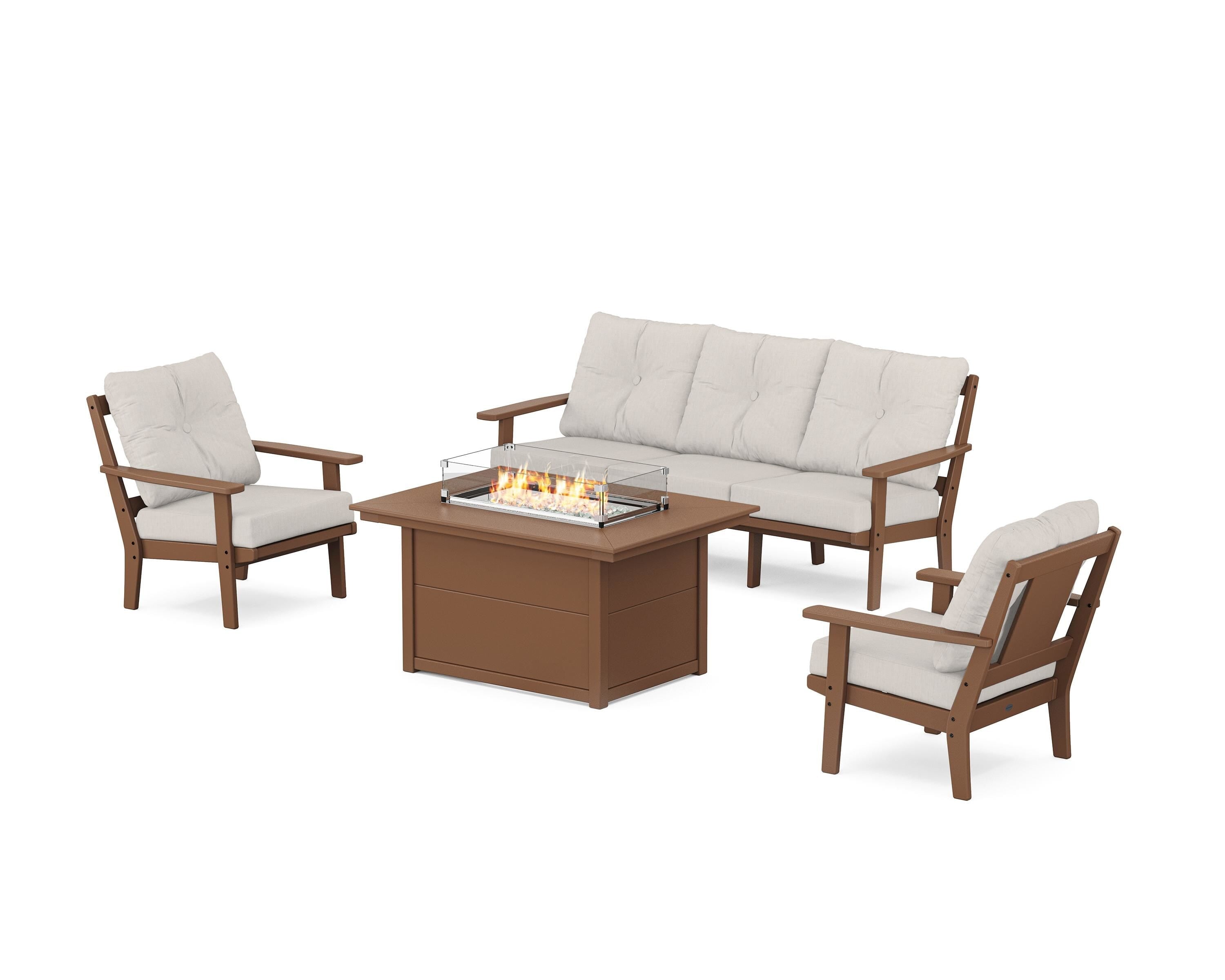POLYWOOD Prairie Deep Seating Fire Pit Table Set in Teak / Cast Ash