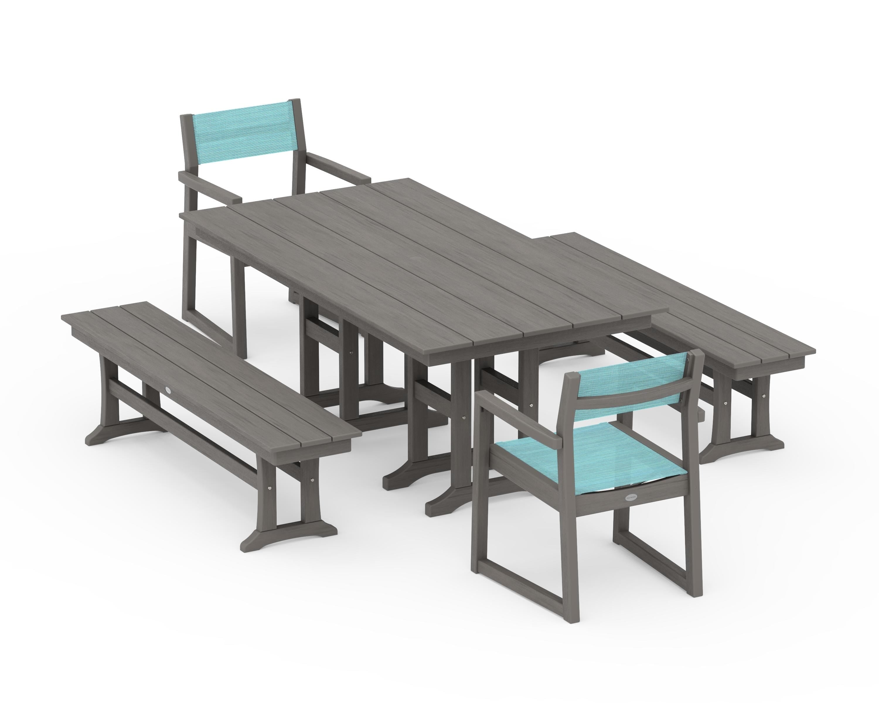 POLYWOOD EDGE Sling Arm Chair 5-Piece Farmhouse Dining Set with Benches in Driftwood / Dupioni Aquamarine Sling