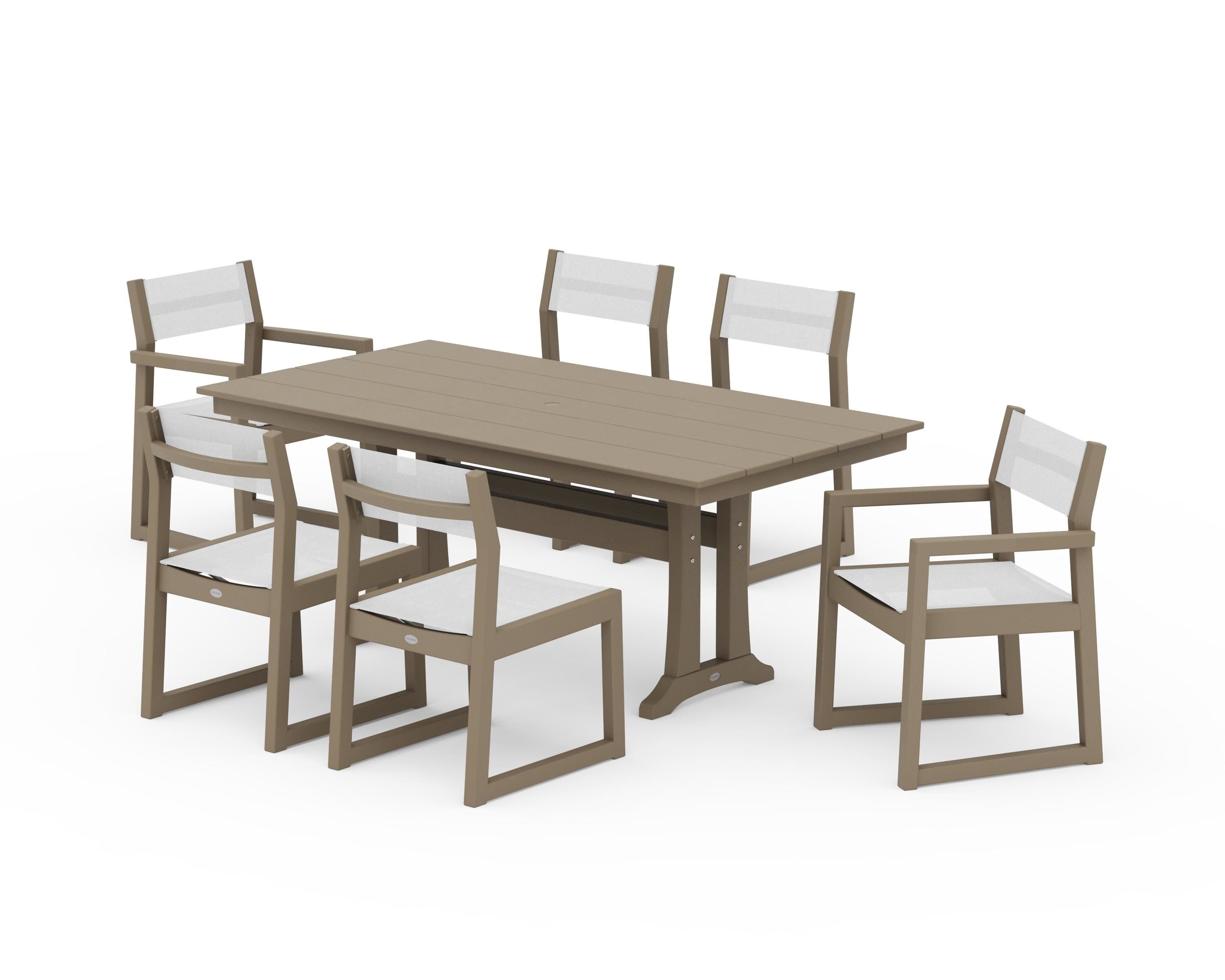 POLYWOOD EDGE Sling 7-Piece Farmhouse Trestle Dining Set in Vintage Sahara / White Sling