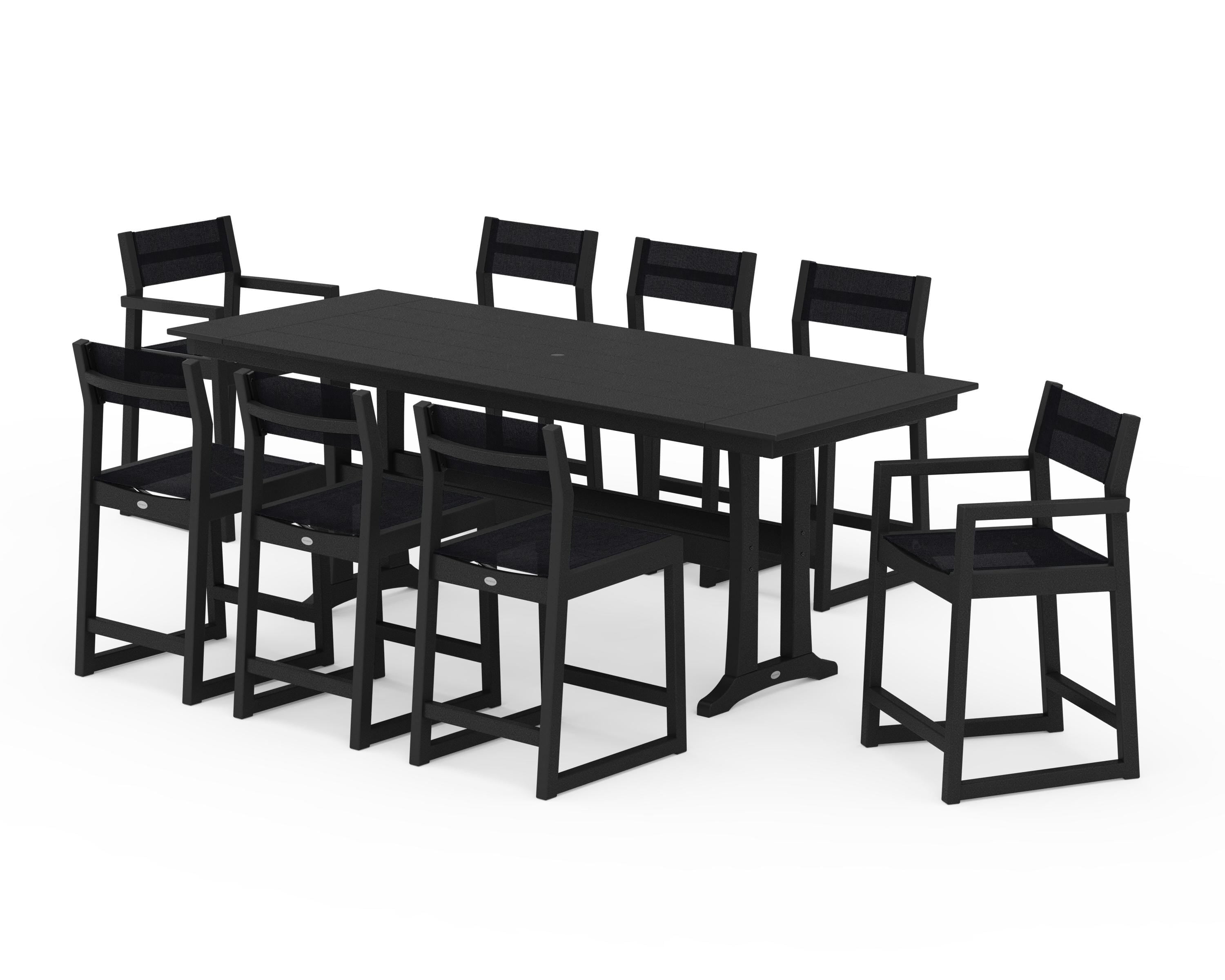 POLYWOOD EDGE Sling 9-Piece Farmhouse Counter Set with Trestle Legs in Black / Black Sling