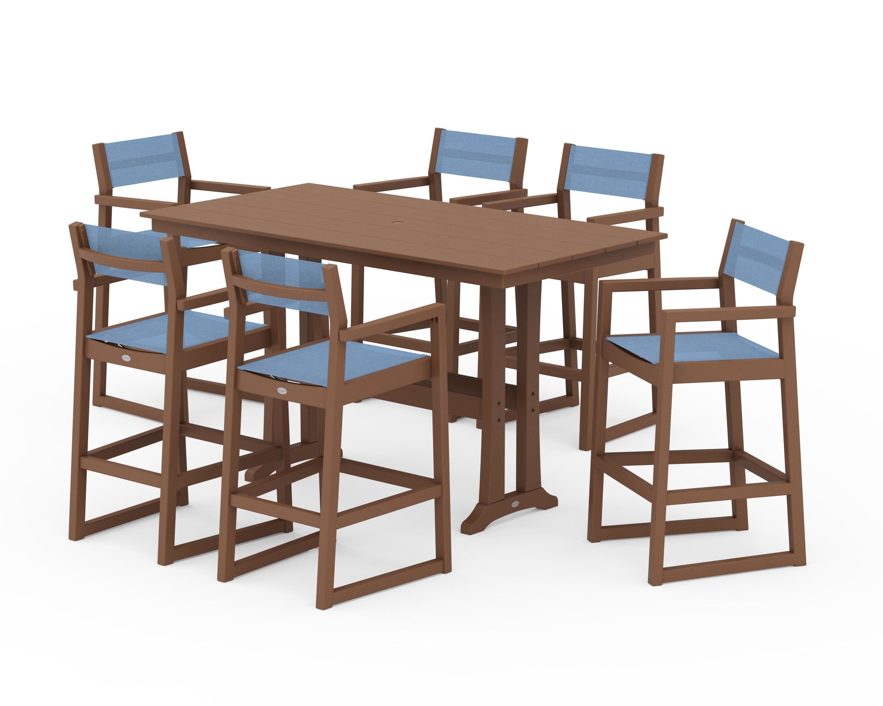 POLYWOOD EDGE Sling Arm Chair 7-Piece Farmhouse Bar Set with Trestle Legs in Teak / Poolside Sling