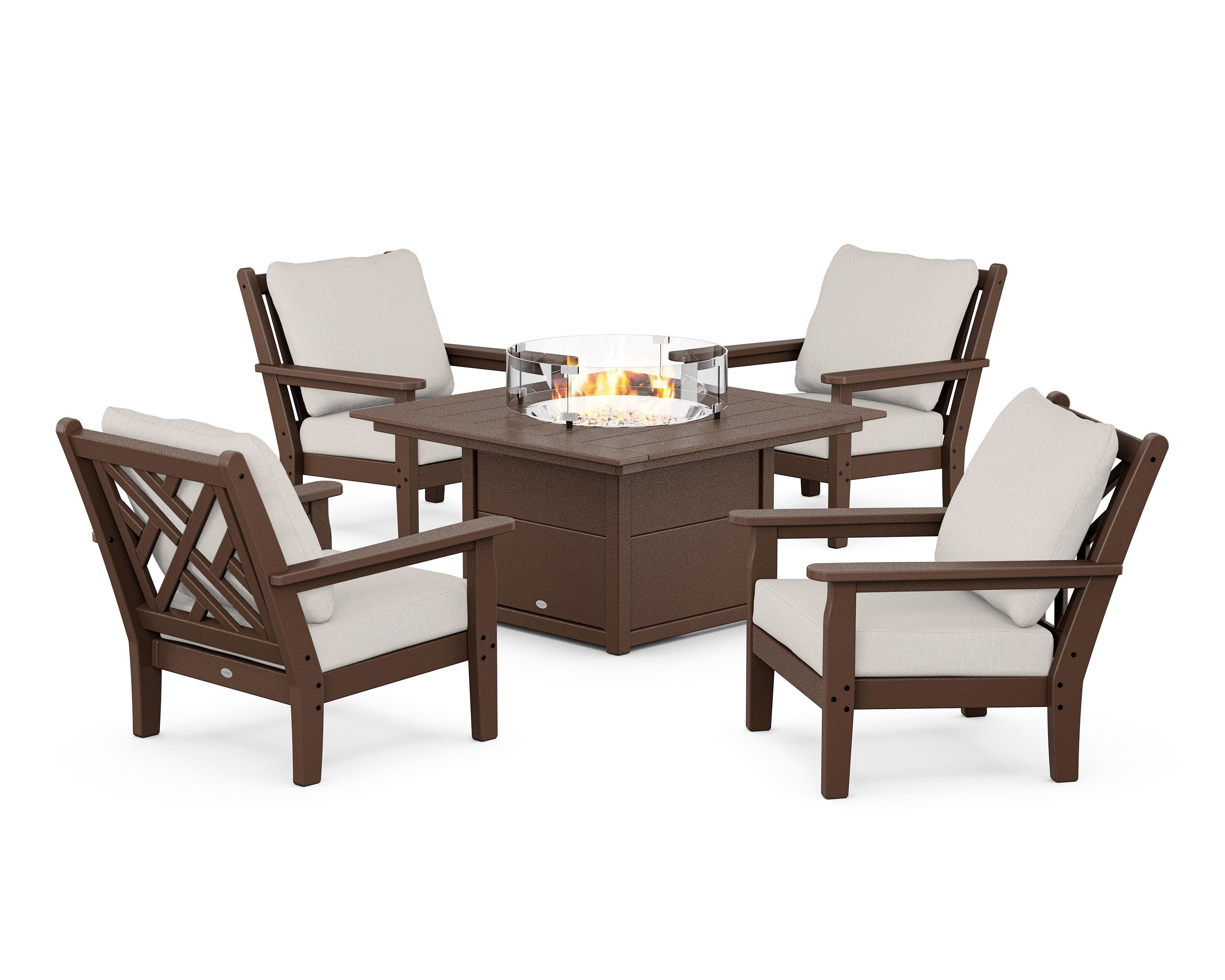 POLYWOOD Chippendale 5-Piece Deep Seating Set with Fire Pit Table in Mahogany / Cast Ash