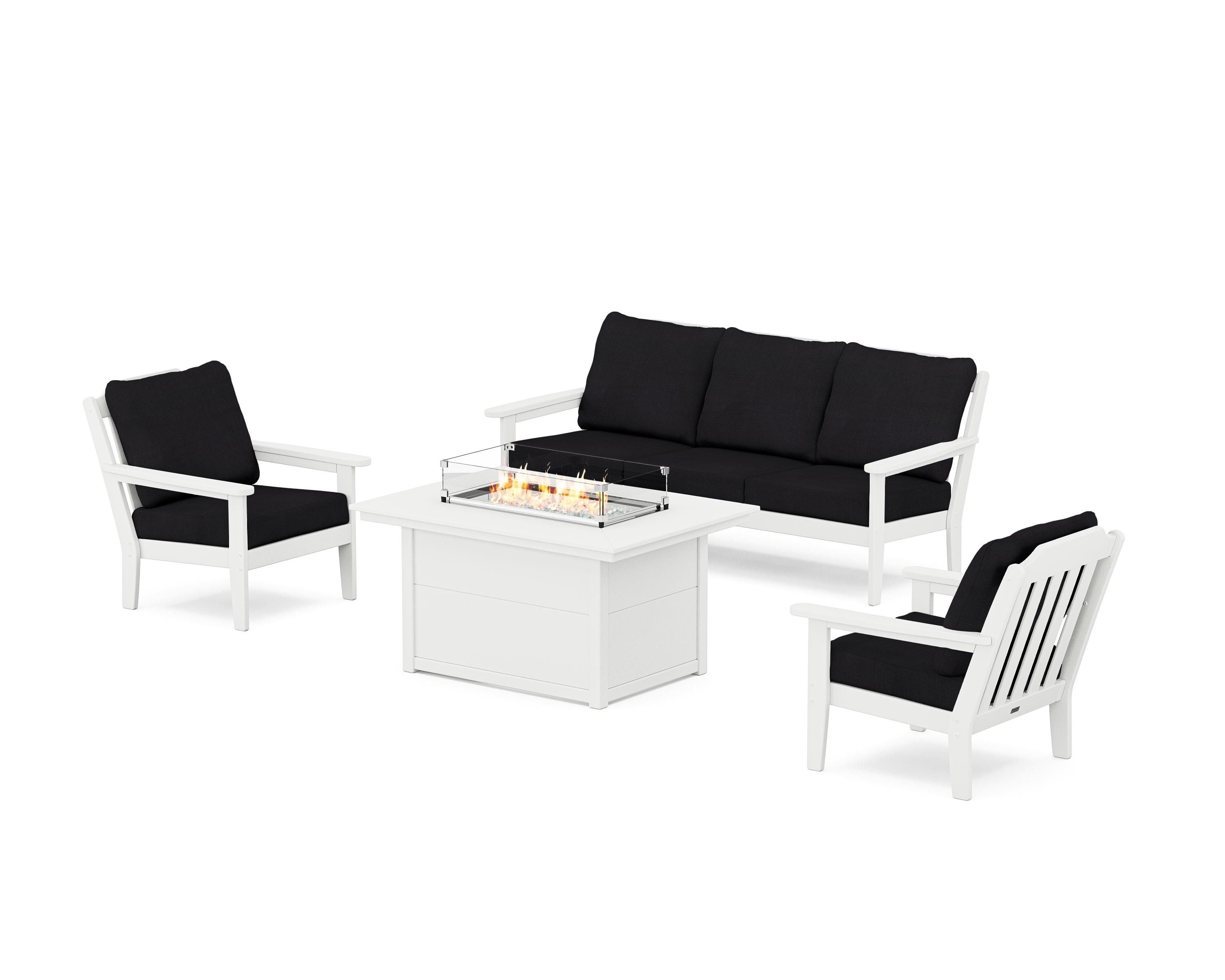 Country Living Cottage Deep Seating Fire Pit Table Set in White / Midnight Linen