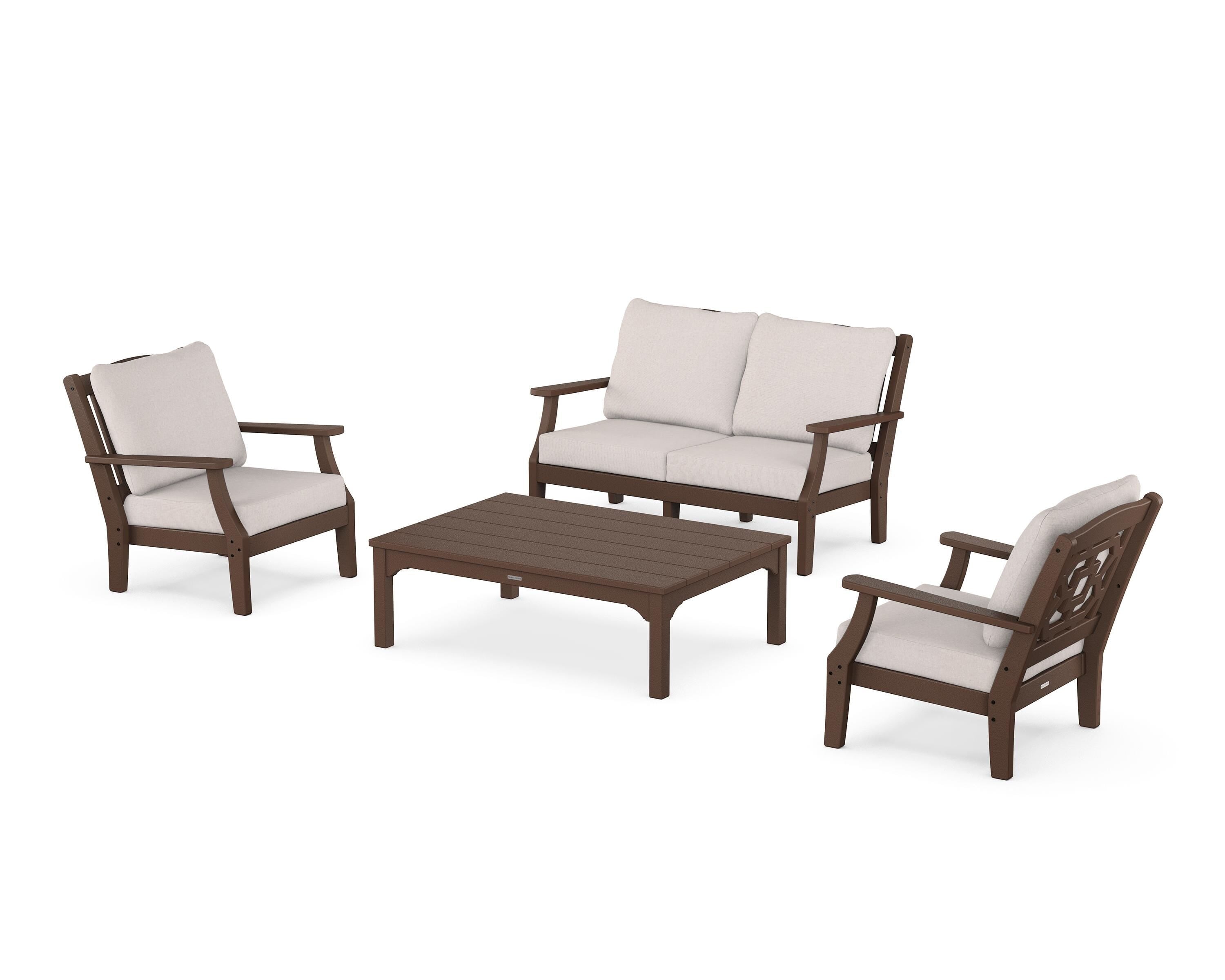 Martha Stewart by POLYWOOD Chinoiserie 4-Piece Deep Seating Set with Loveseat in Mahogany / Dune Burlap