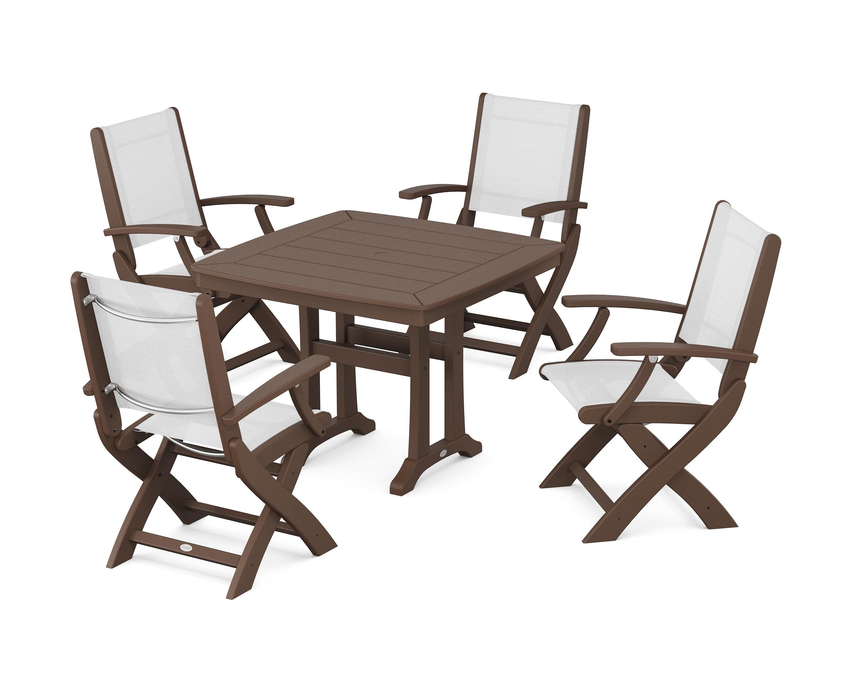 POLYWOOD Coastal Folding Chair 5-Piece Dining Set with Trestle Legs in Mahogany / White Sling