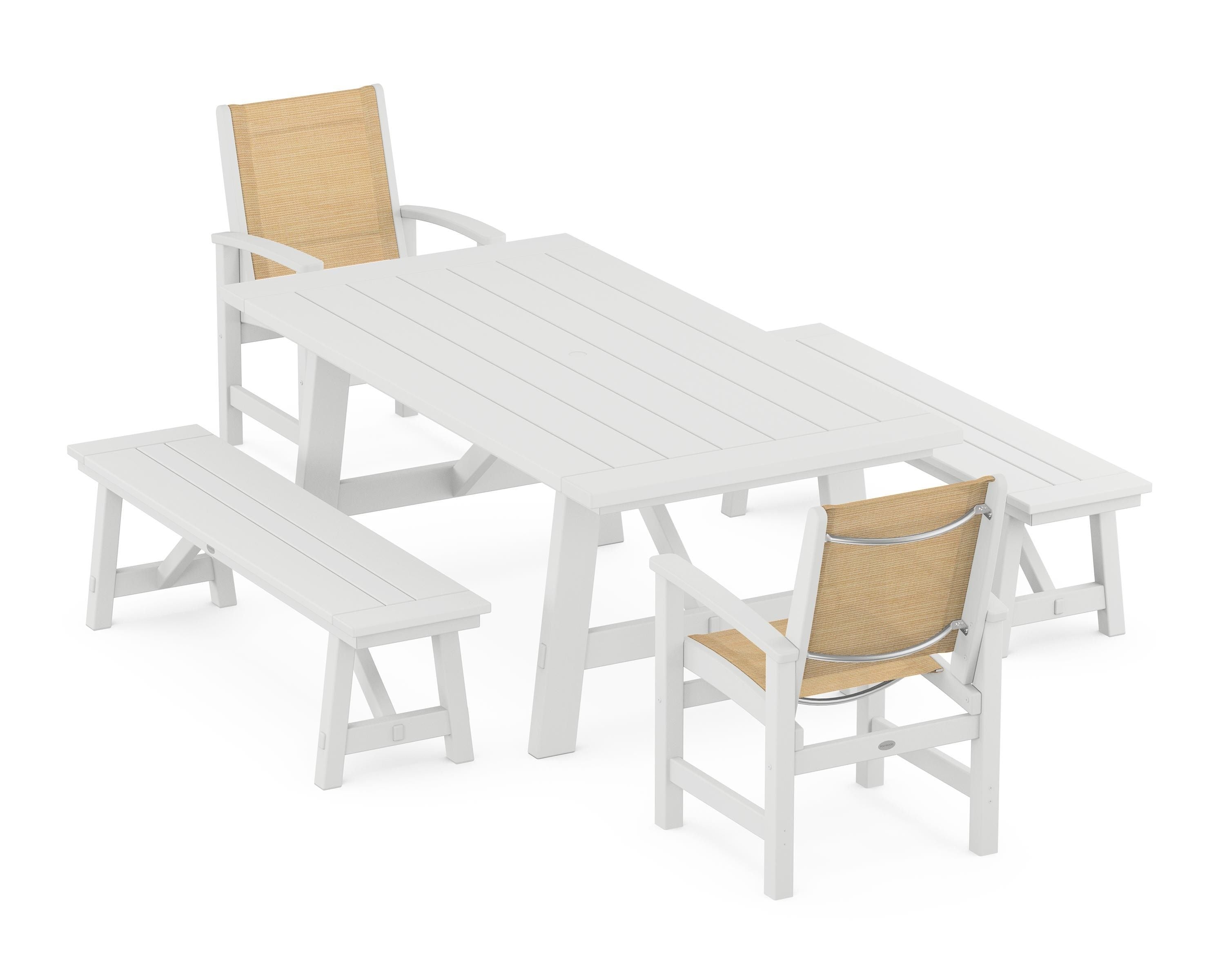POLYWOOD Coastal 5-Piece Rustic Farmhouse Dining Set With Benches in White / Dupioni Apricot Sling