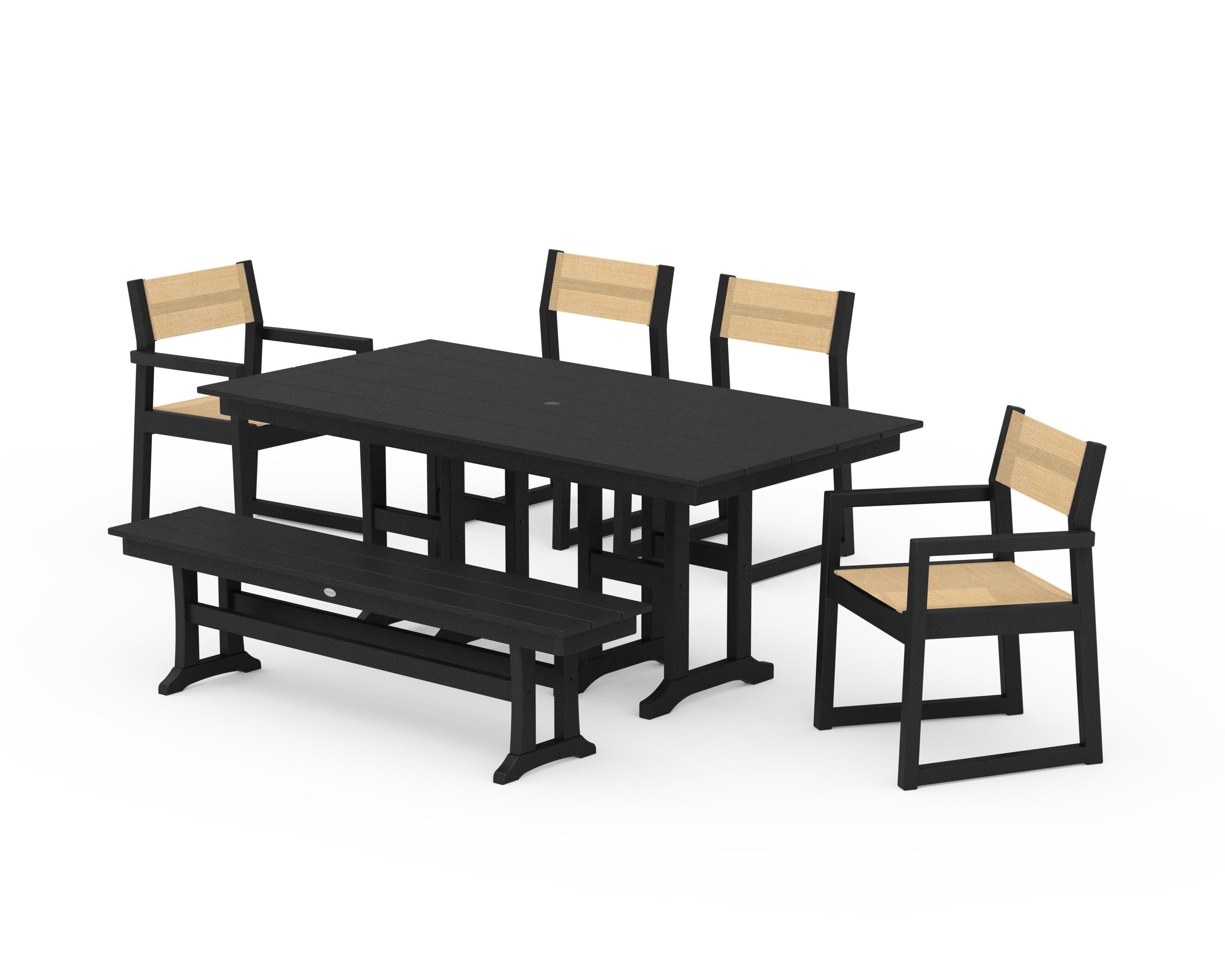 POLYWOOD EDGE Sling 6-Piece Farmhouse Dining Set in Black / Dupioni Apricot Sling