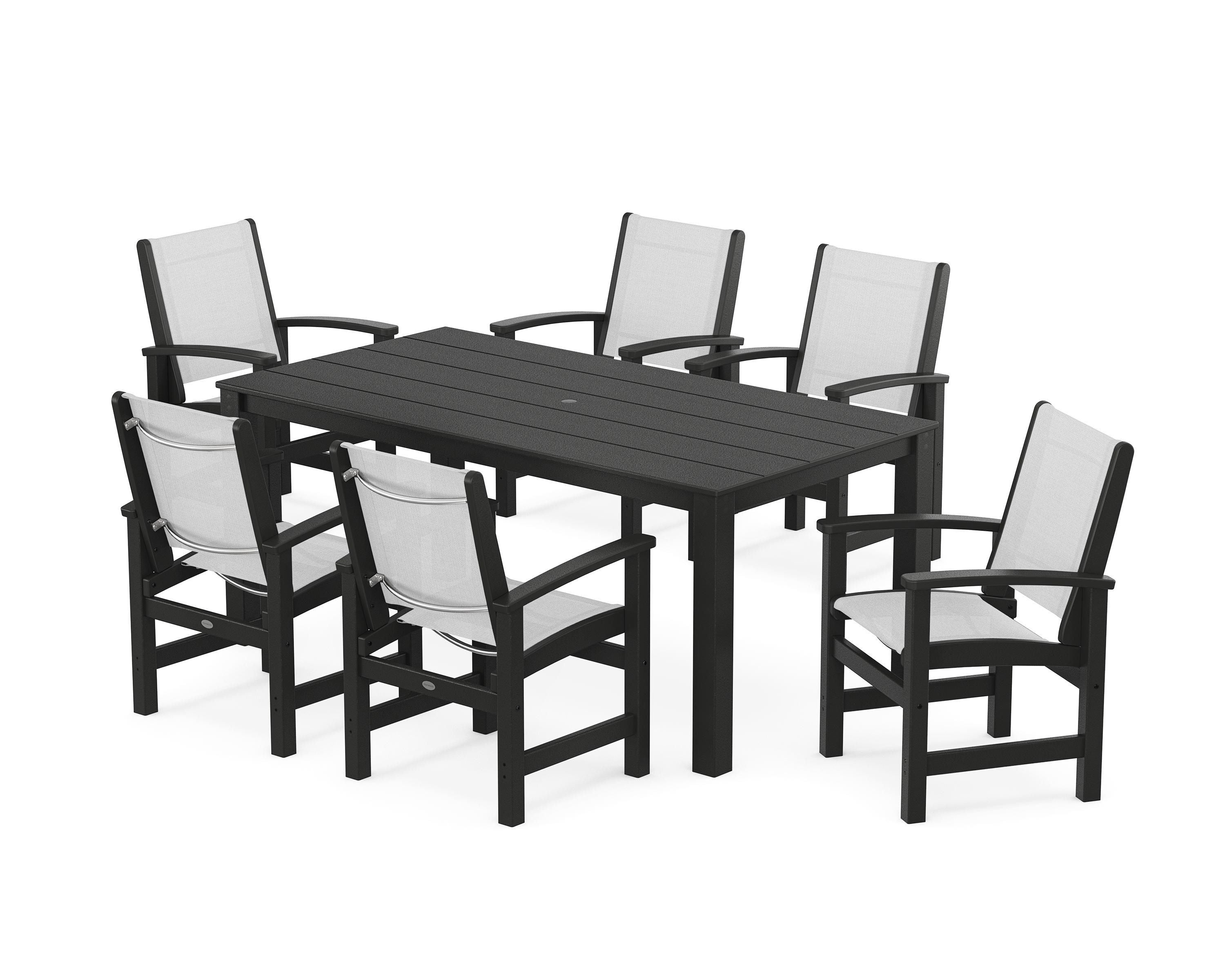 POLYWOOD Coastal 7-Piece Parsons Dining Set in Black / White Sling