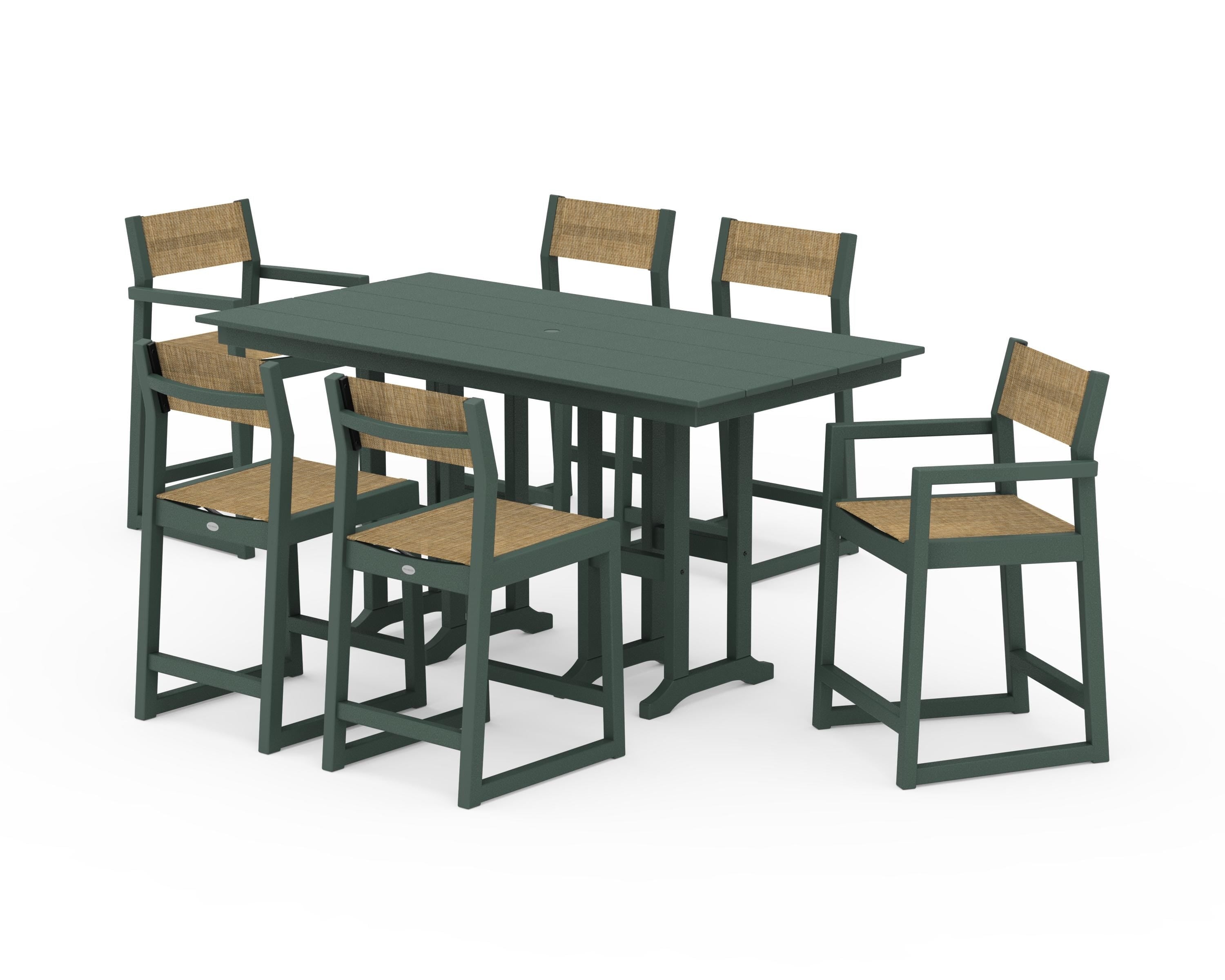 POLYWOOD EDGE Sling 7-Piece Farmhouse Counter Set with Trestle Legs in Green / Burlap Sling