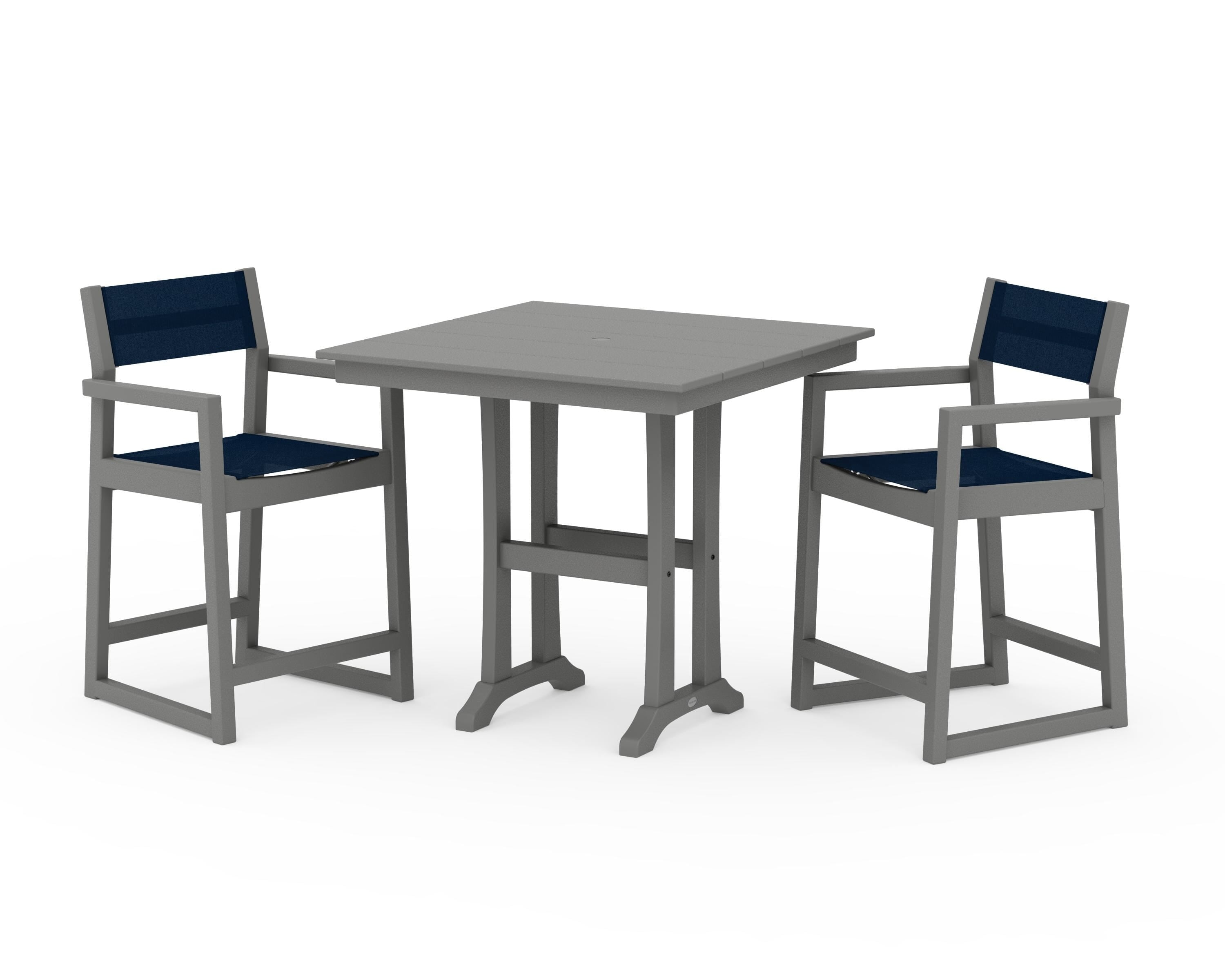 POLYWOOD EDGE Sling Arm Chair 3-Piece Farmhouse Counter Set with Trestle Legs in Slate Grey / Navy Blue Sling