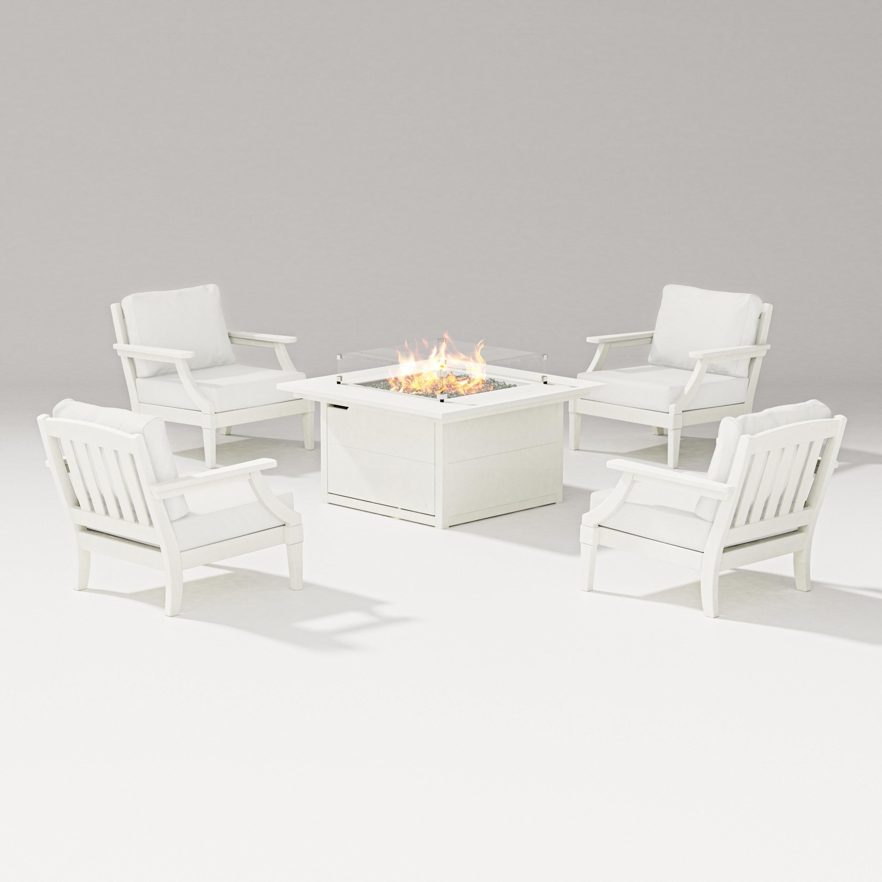 PW Designer Series Estate 5-Piece Lounge Fire Table Set in Vintage White / Natural Linen