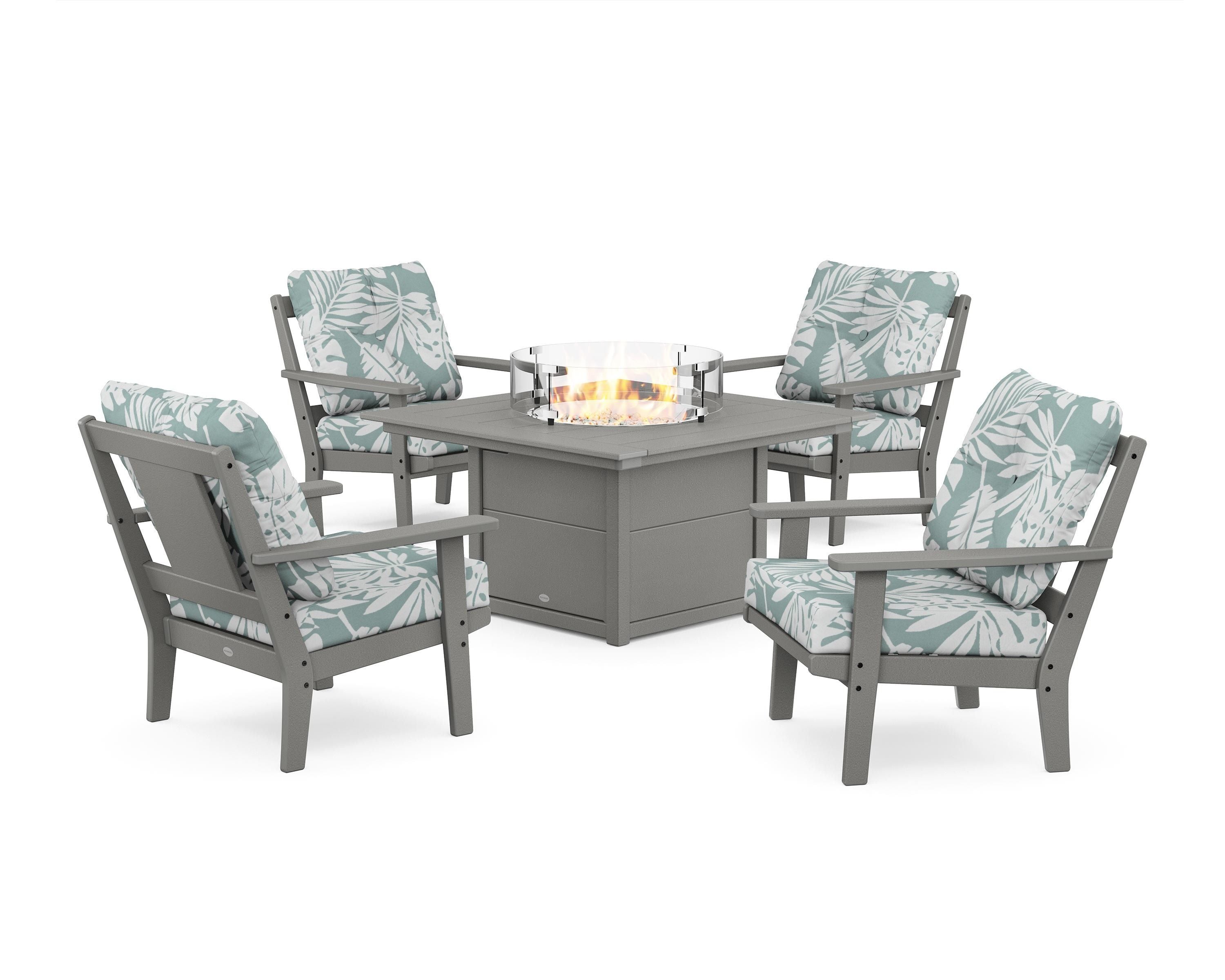 POLYWOOD Prairie 5-Piece Deep Seating Set with Fire Pit Table in Slate Grey / Leaf Glacier Spa
