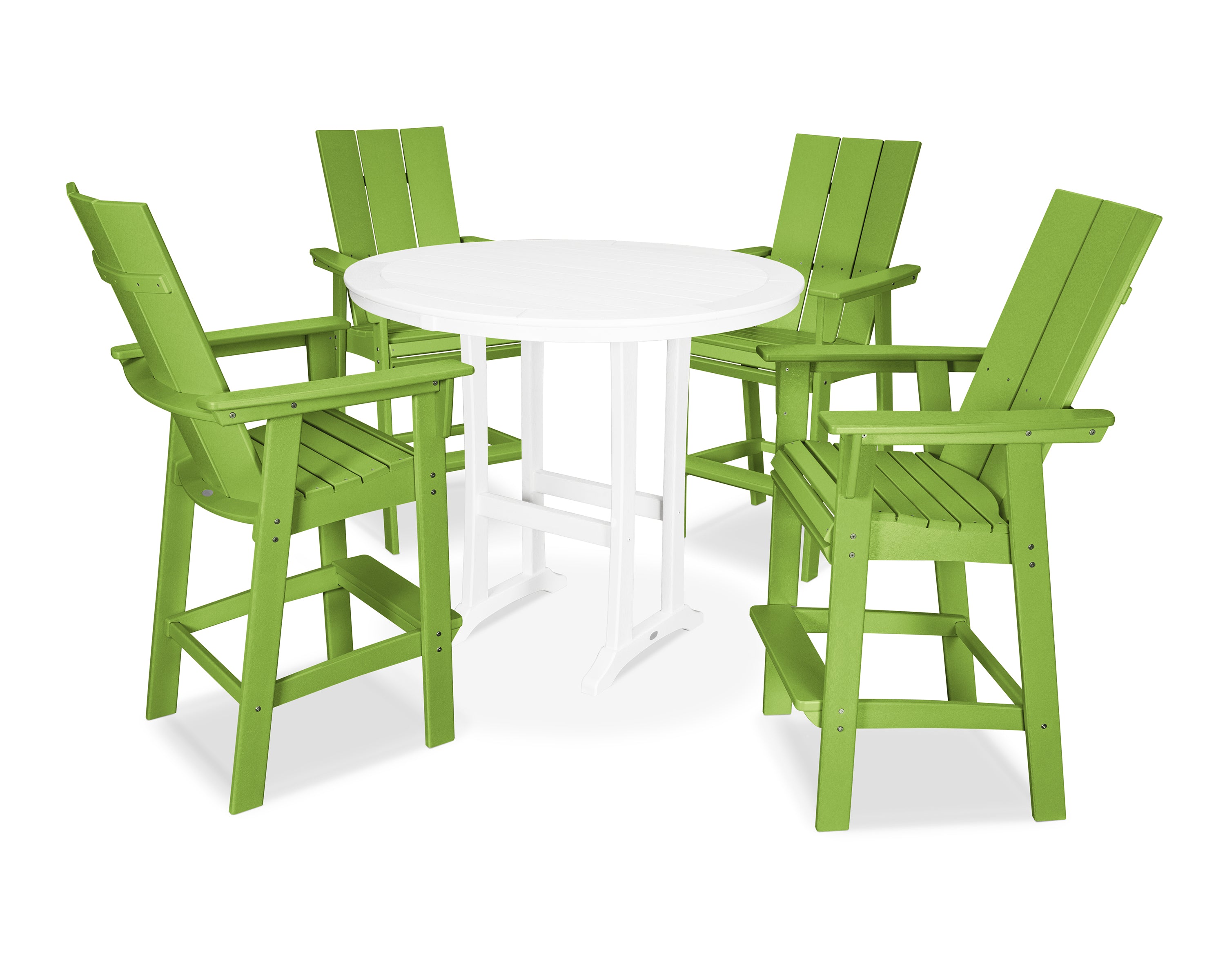 POLYWOOD® Modern Curveback Adirondack 5-Piece Nautical Trestle Bar Set in Lime / White