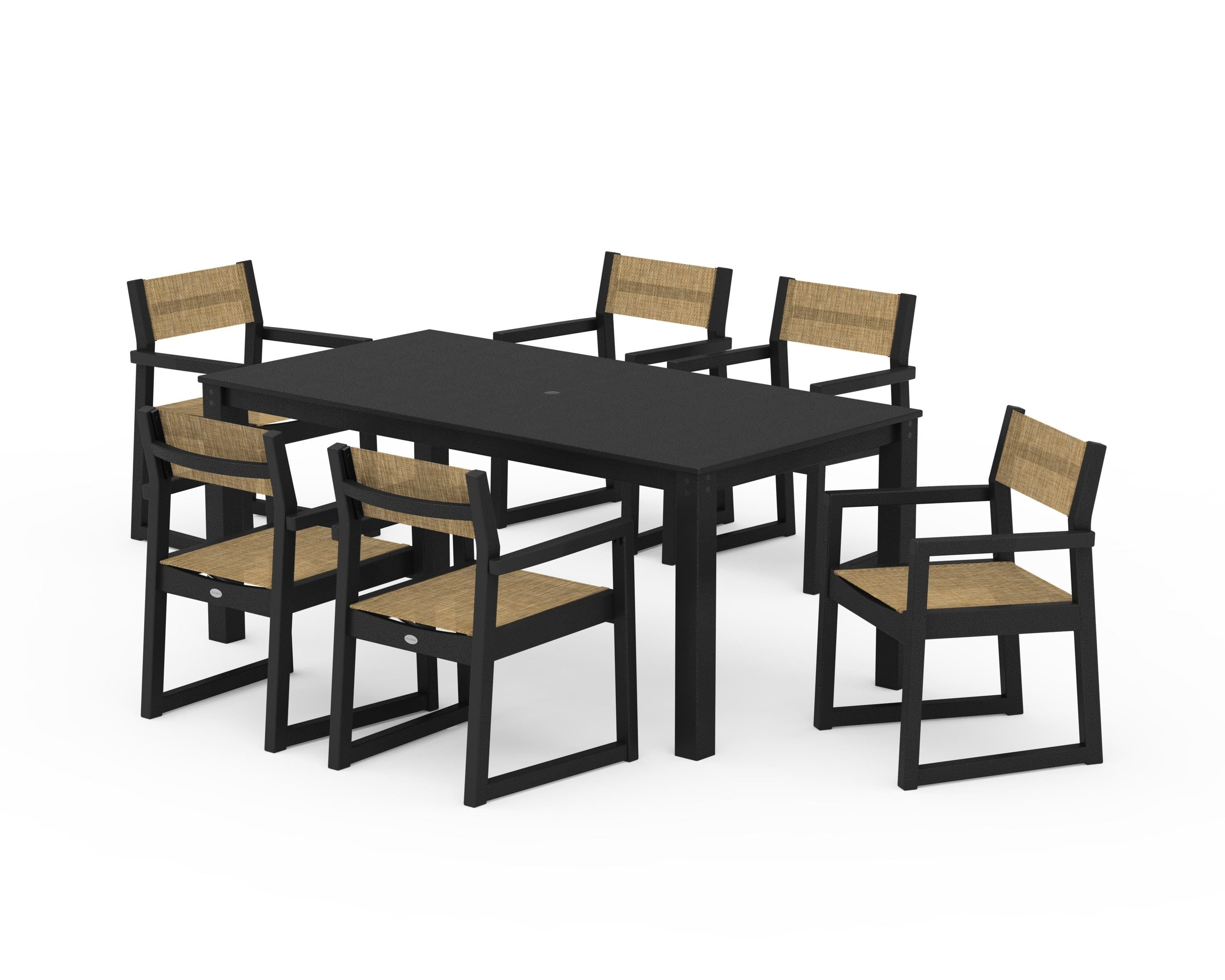 POLYWOOD EDGE Sling Arm Chair 7-Piece Parsons Dining Set in Black / Burlap Sling