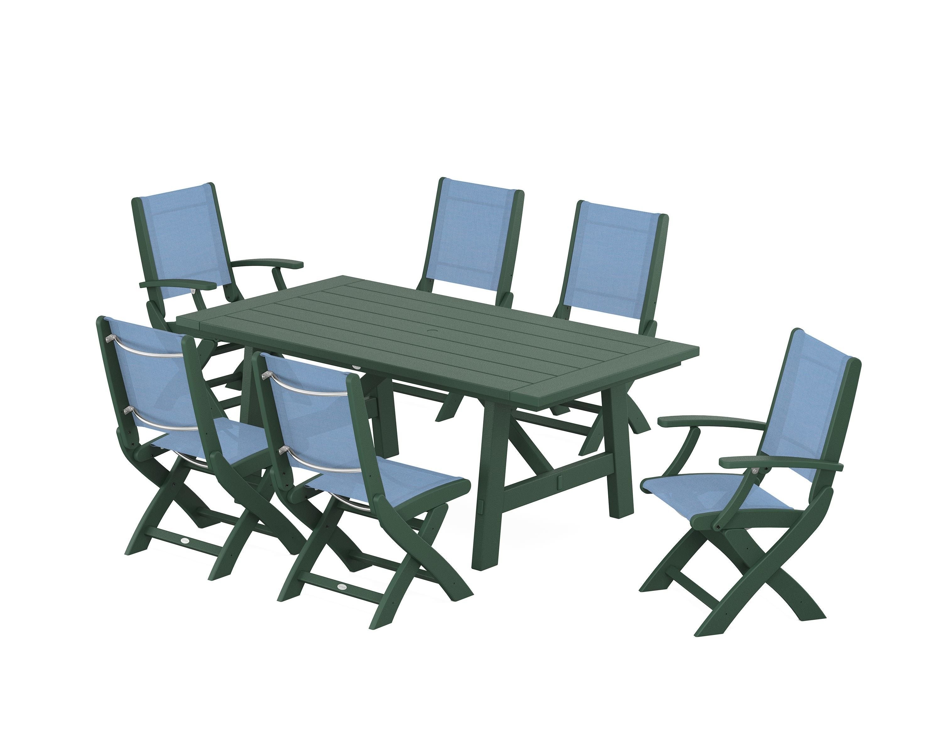 POLYWOOD Coastal Folding Chair 7-Piece Rustic Farmhouse Dining Set in Green / Poolside Sling