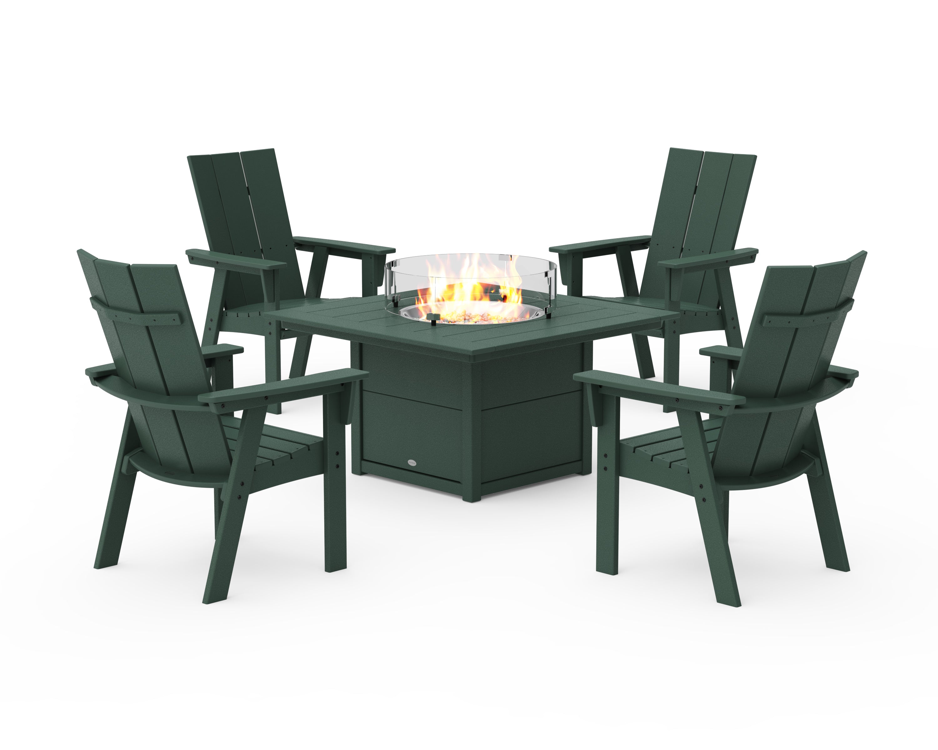 POLYWOOD Modern 4-Piece Curveback Upright Adirondack Conversation Set with Fire Pit Table in Green