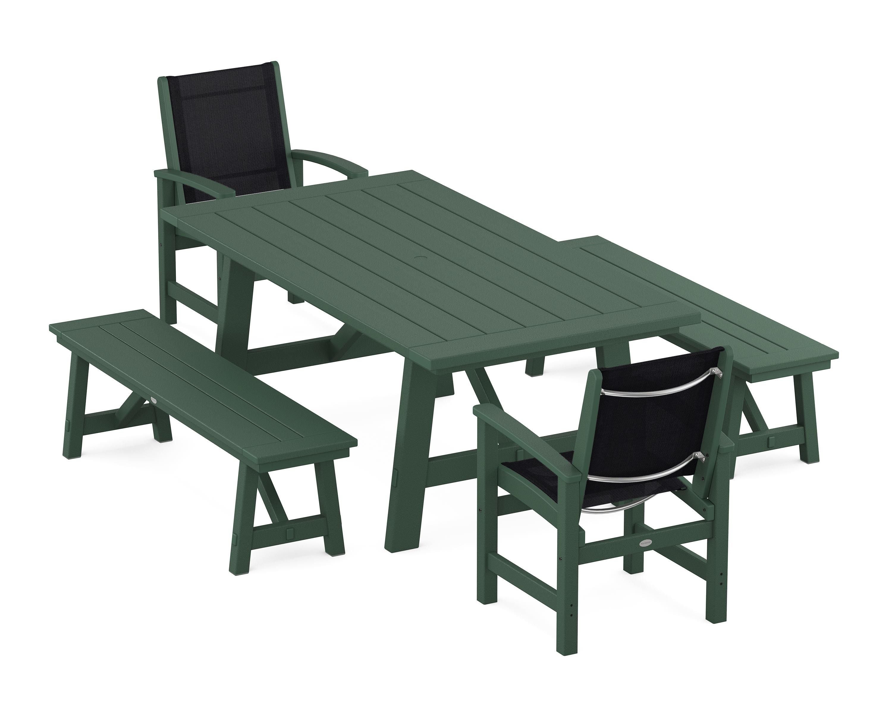 POLYWOOD Coastal 5-Piece Rustic Farmhouse Dining Set With Benches in Green / Black Sling