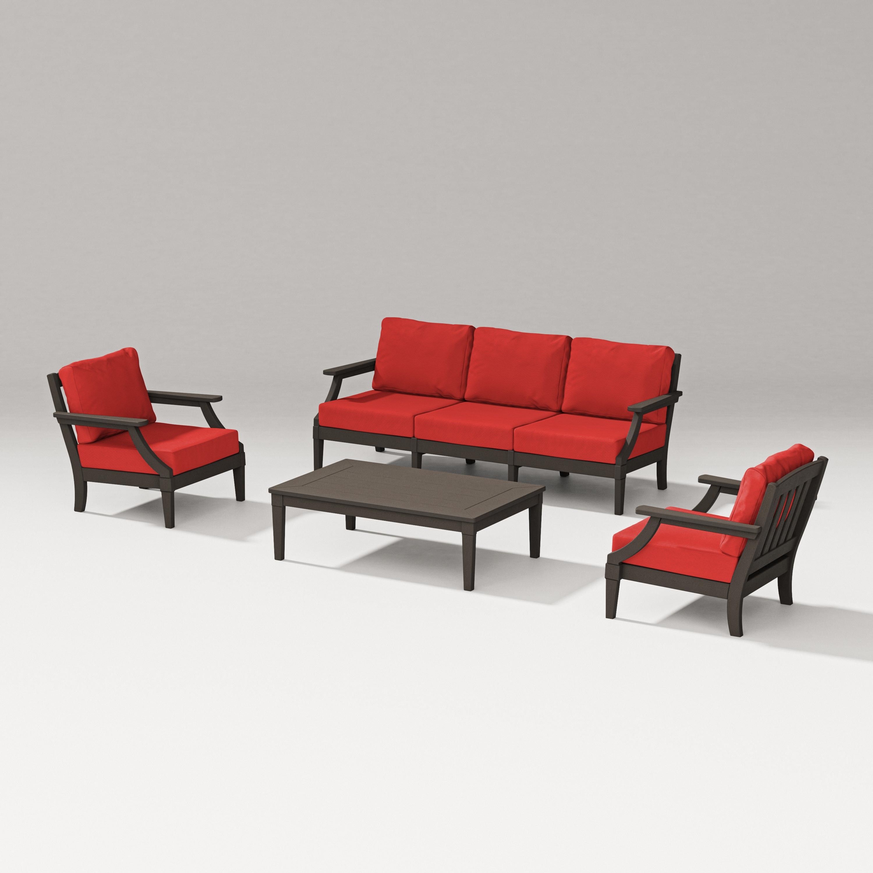PW Designer Series Estate 4-Piece Lounge Sofa Set in Vintage Coffee / Crimson Linen