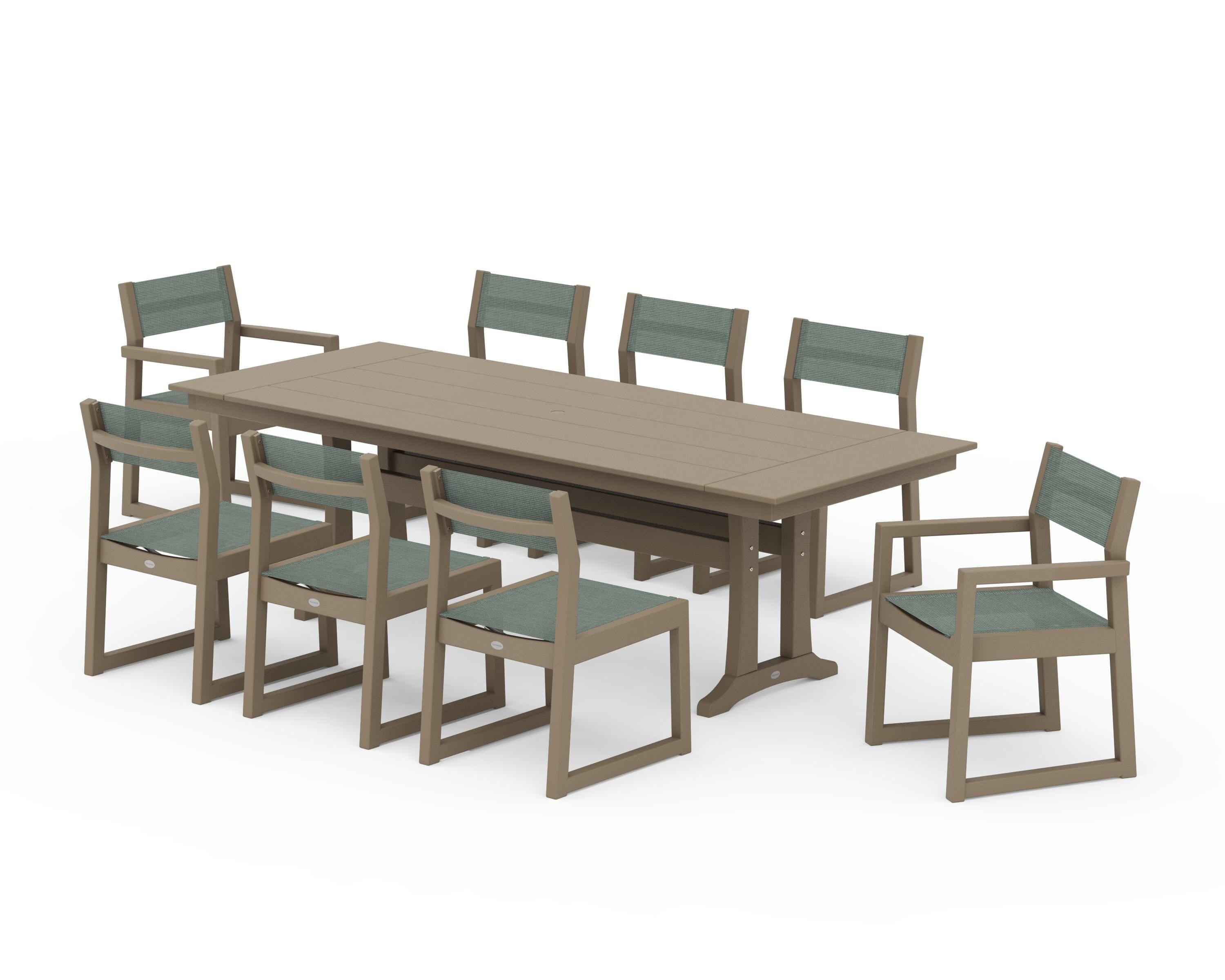 POLYWOOD EDGE Sling 9-Piece Farmhouse Trestle Dining Set in Vintage Sahara / Dupioni Sea Mist Sling