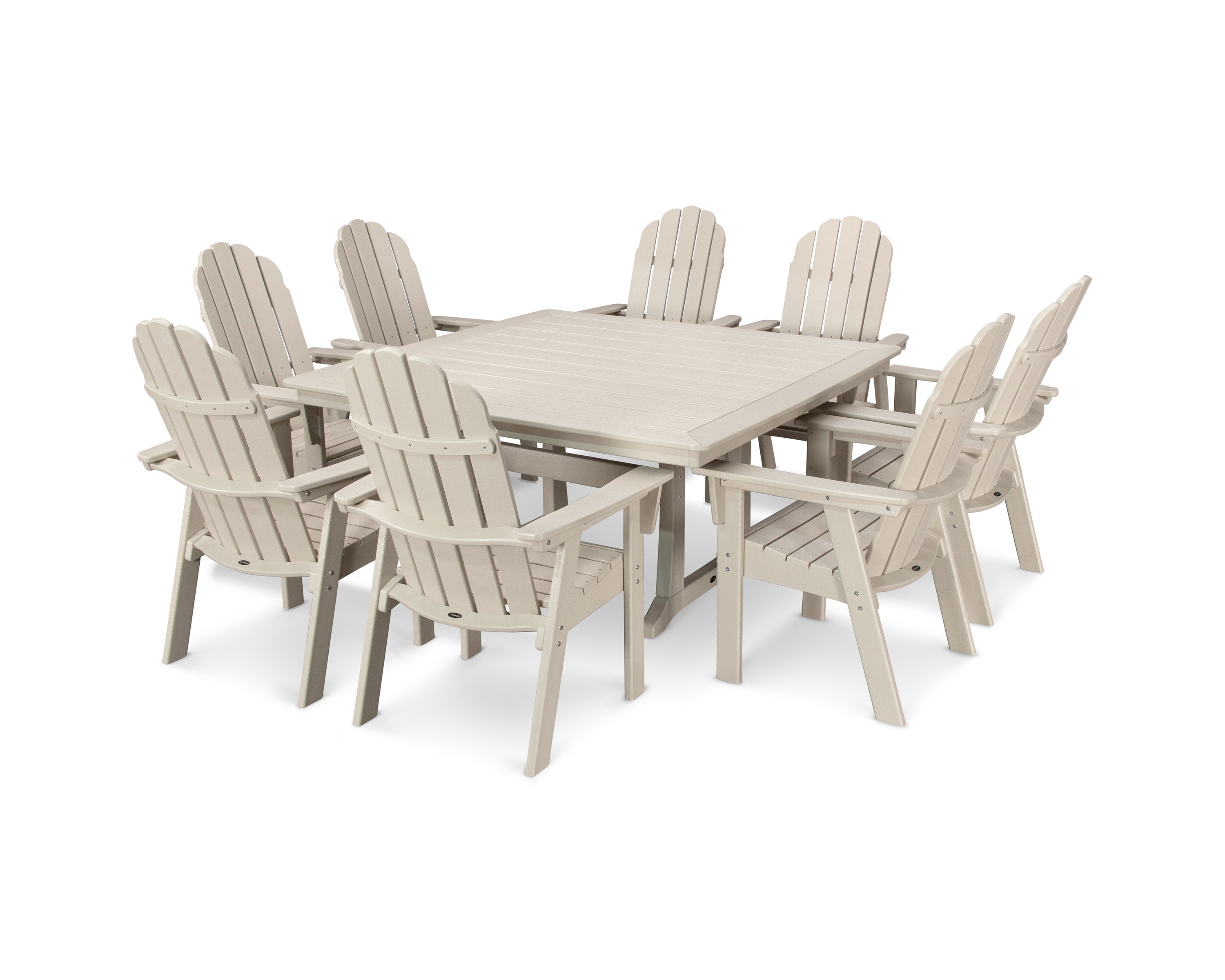 POLYWOOD® Vineyard Curveback Adirondack 9-Piece Nautical Trestle Dining Set in Sand