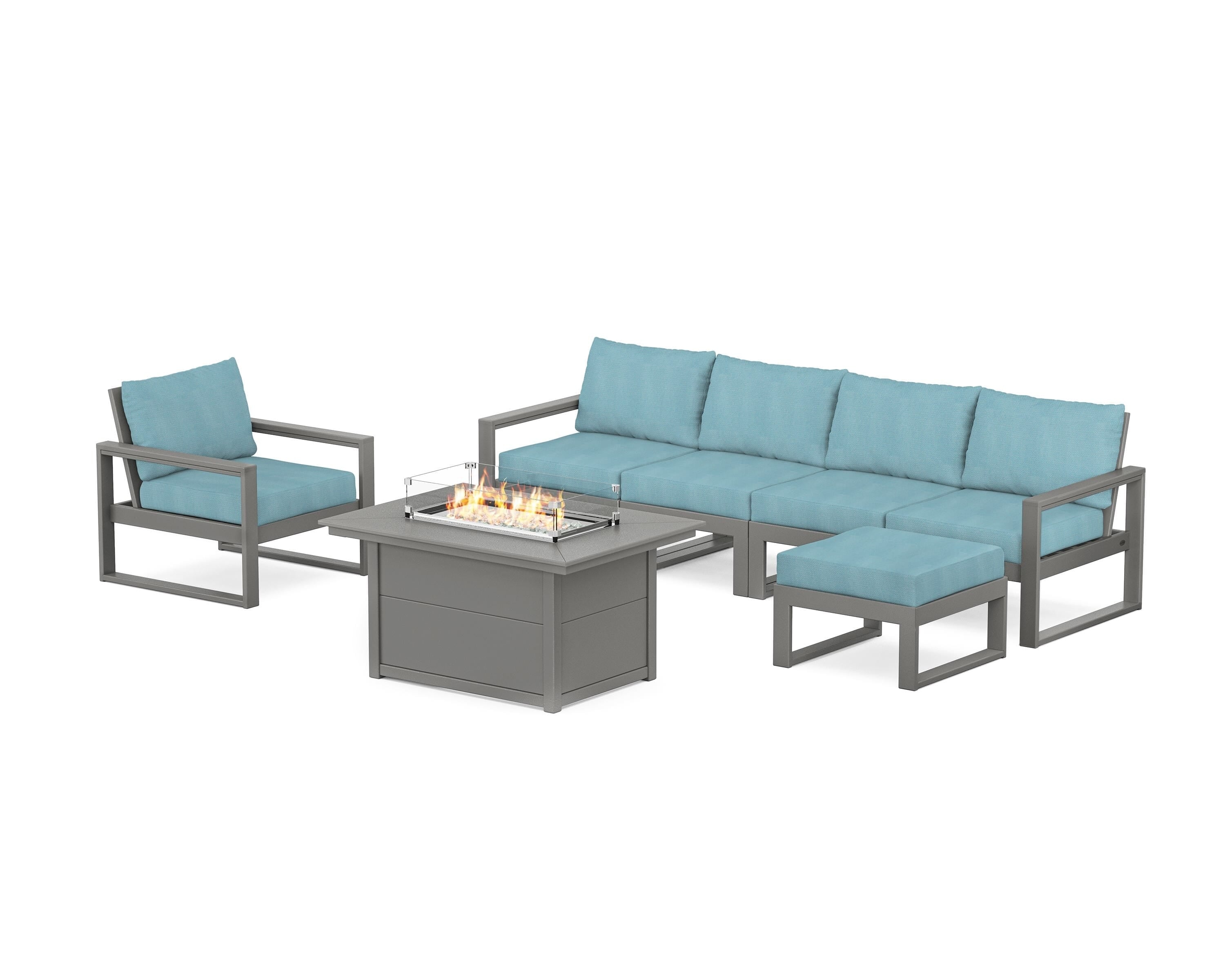 POLYWOOD EDGE Sectional Lounge and Fire Pit Set in Slate Grey / Lattice Sky Blue