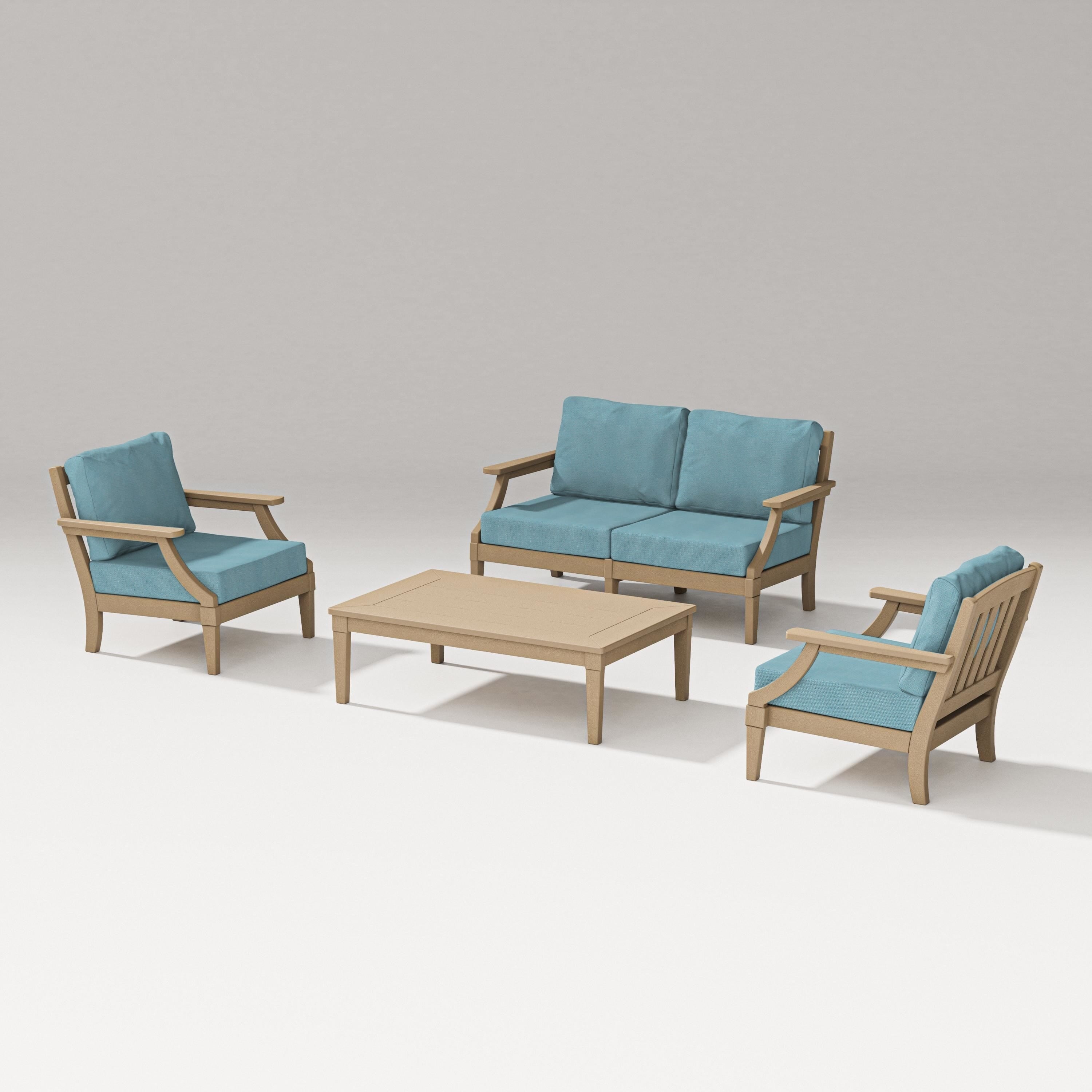 PW Designer Series Estate Lounge 4-Piece Loveseat Set in Vintage Sahara / Lattice Sky Blue