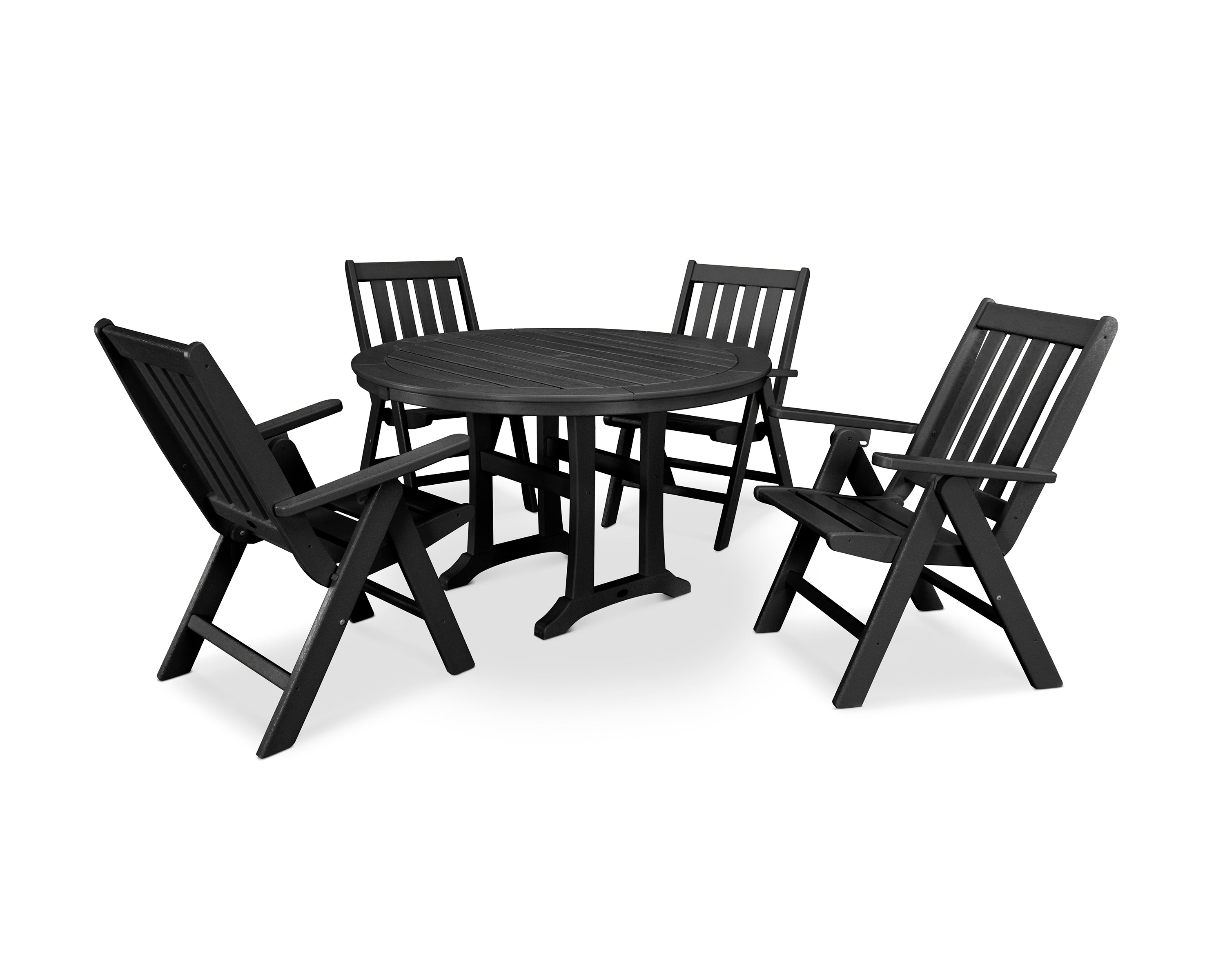 POLYWOOD® Vineyard Folding Chair 5-Piece Round Dining Set with Trestle Legs in Black